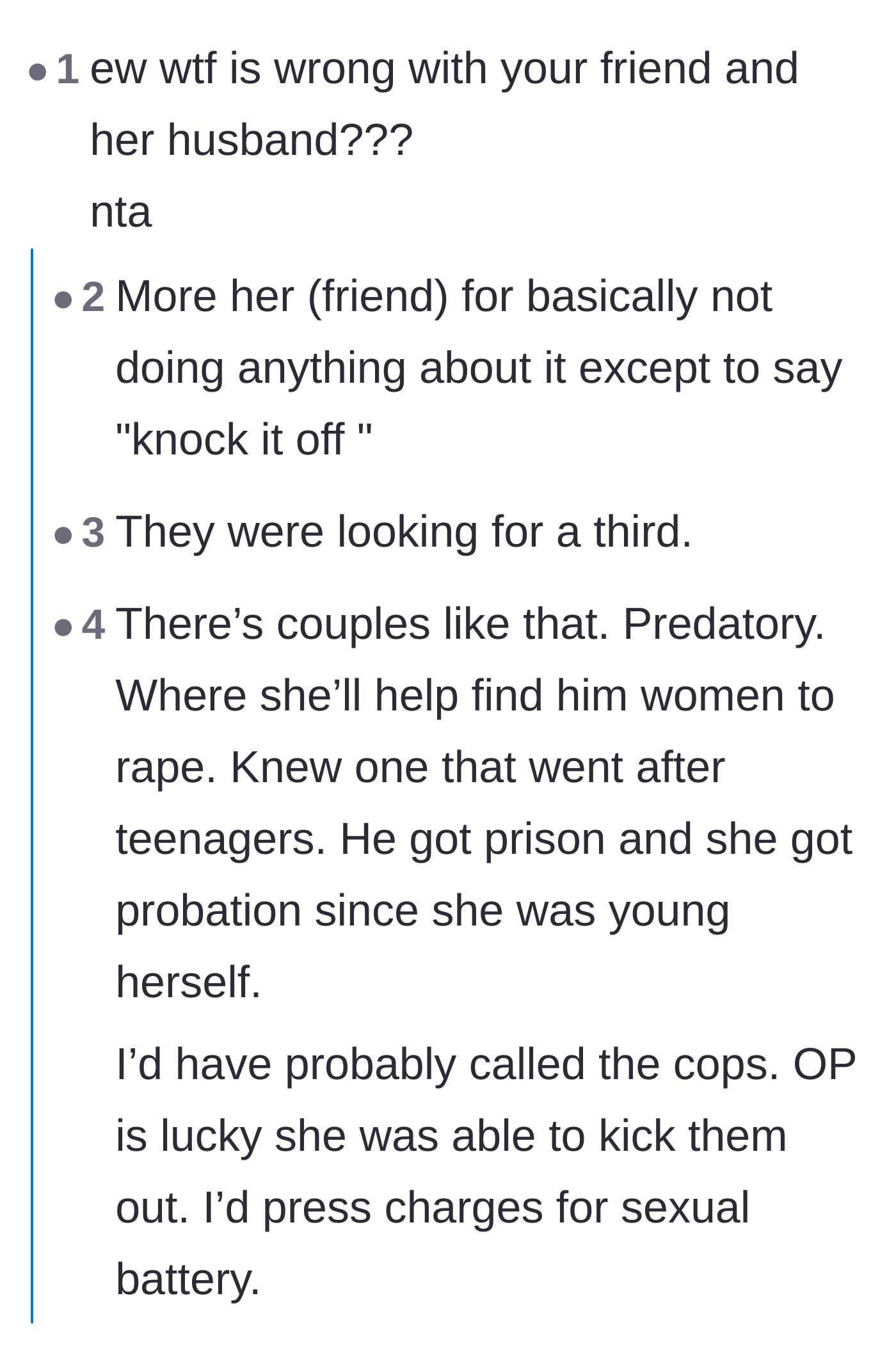 Comment thread 1 - Readers discussing the chilling possibility that the friend and her husband are a predatory couple.