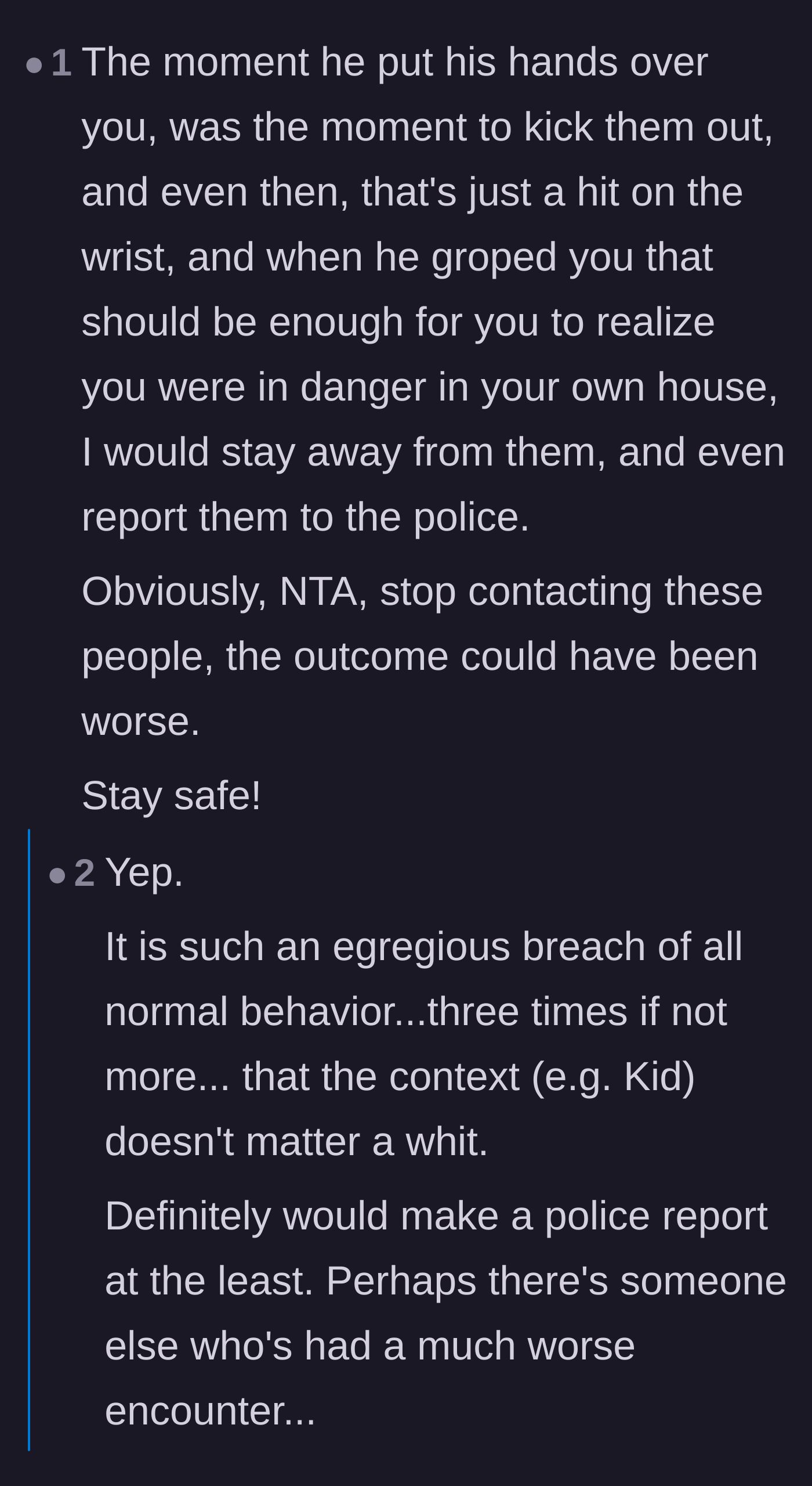 Comment thread 4 - Readers emphasizing the danger the host was in and urging her to file a police report to start a paper trail.