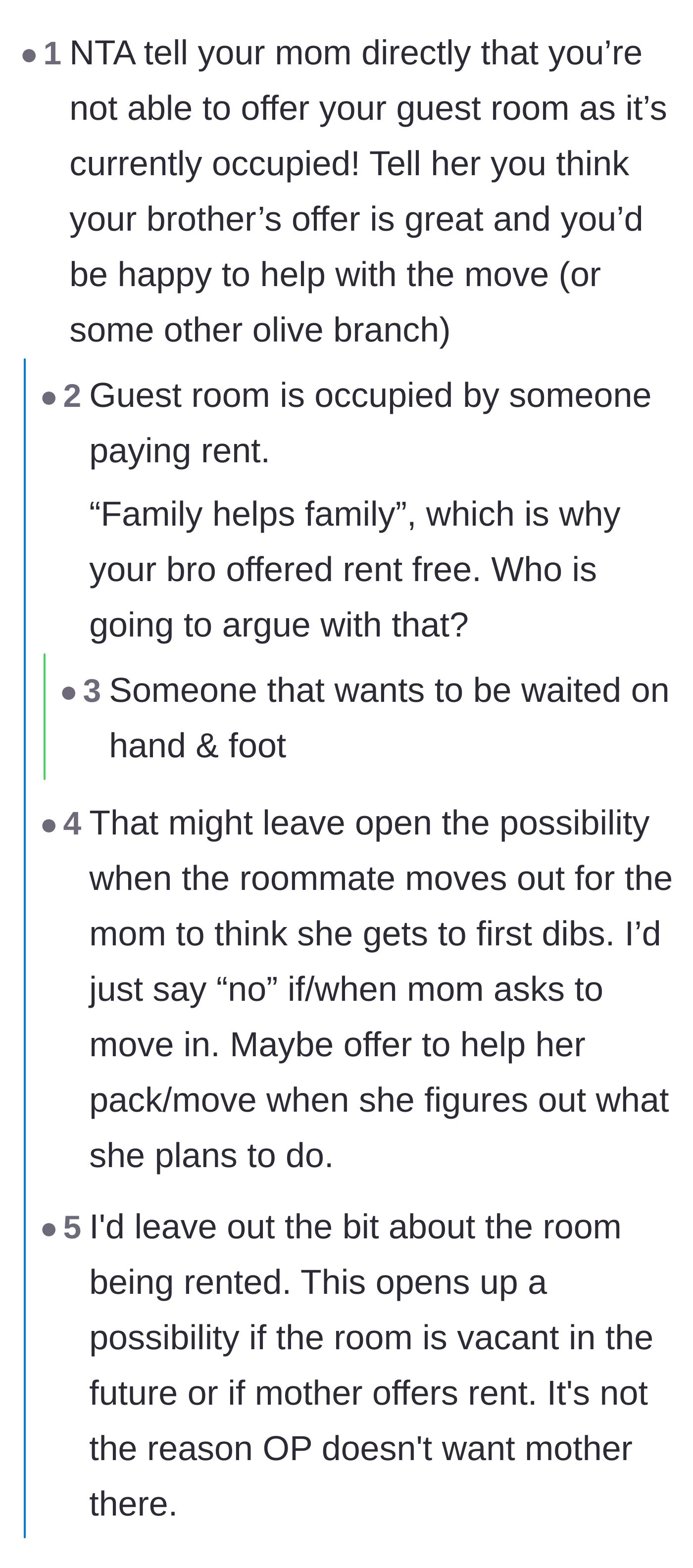 Comment thread 2 - Debating whether to use the paying tenant as a shield or point out the mother's hypocrisy regarding family obligations.