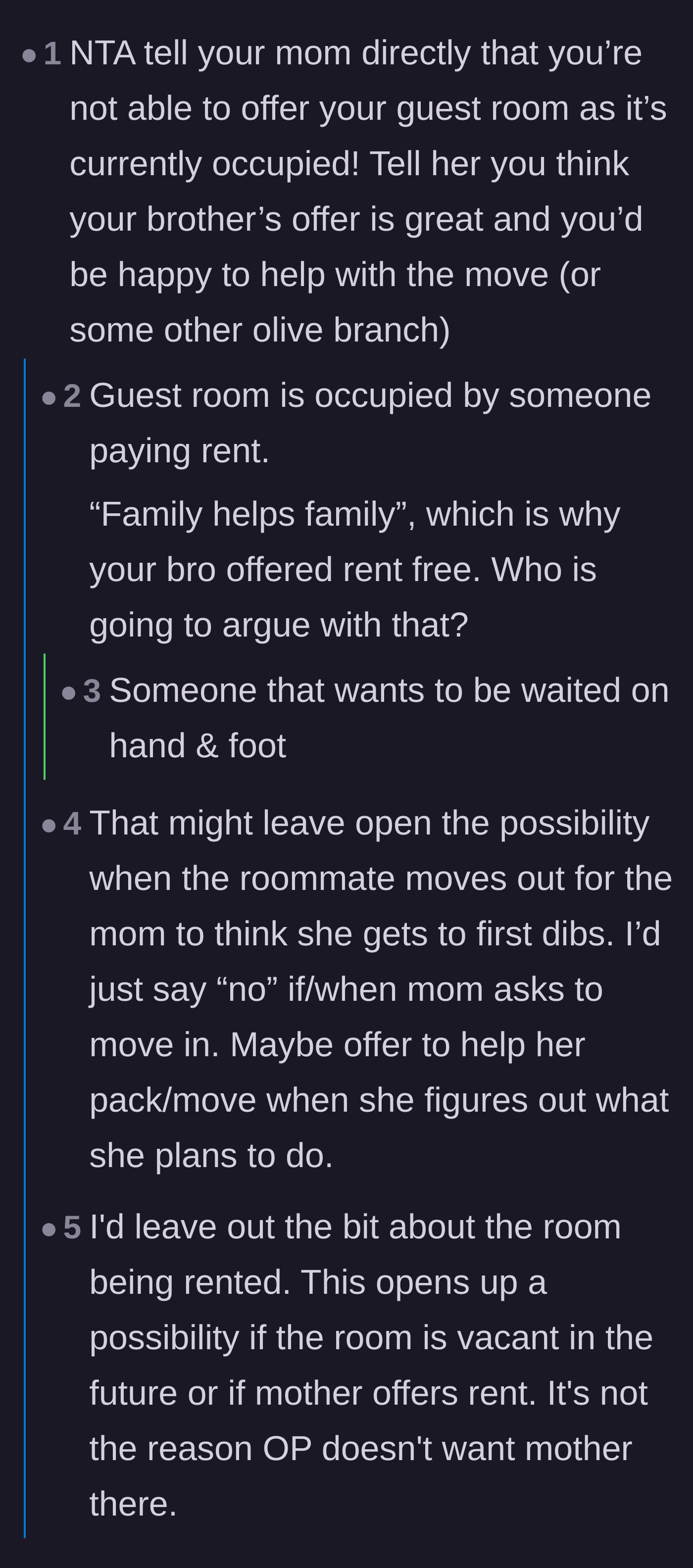 Comment thread 2 - Debating whether to use the paying tenant as a shield or point out the mother's hypocrisy regarding family obligations.