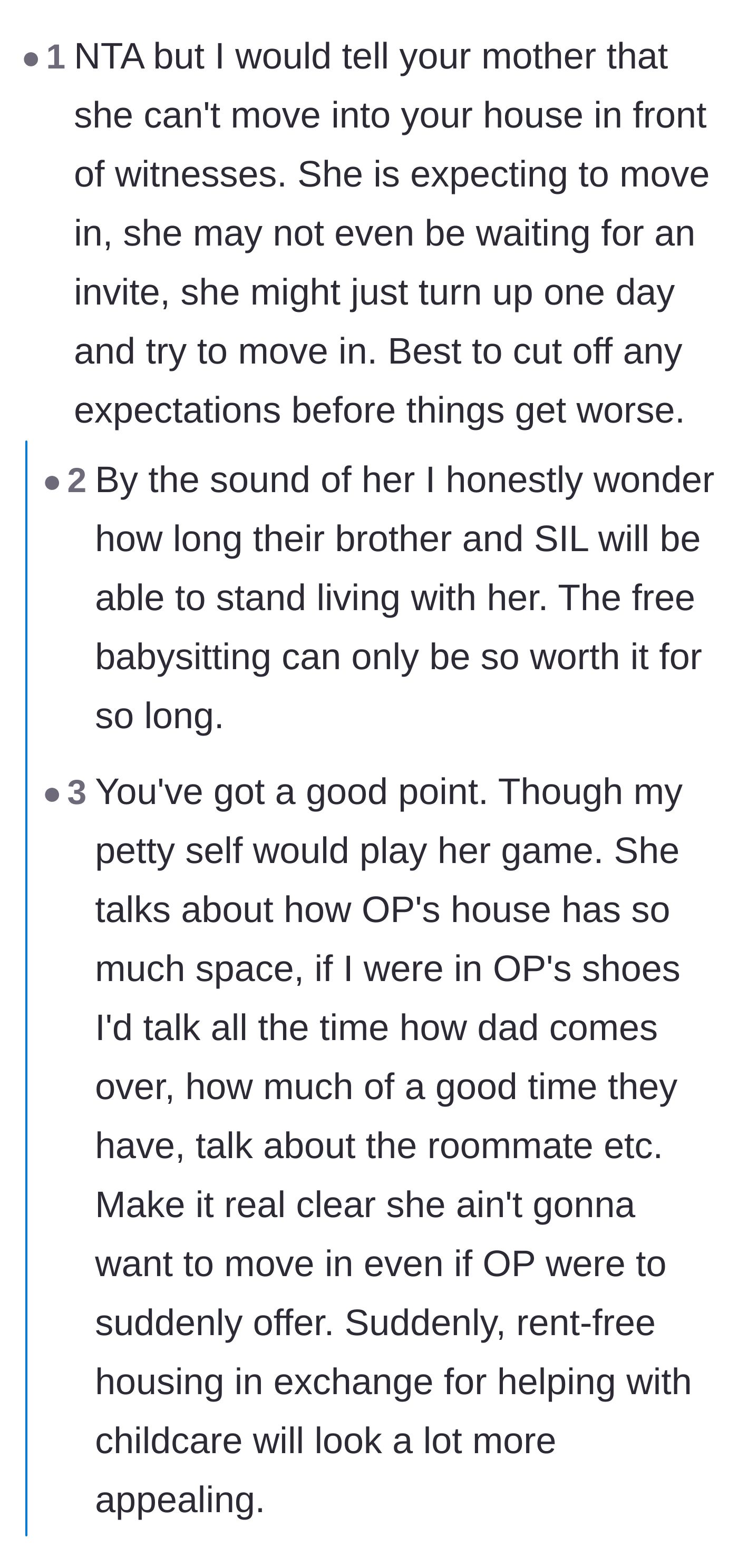 Comment thread 6 - Warnings to set firm boundaries publicly before the mother attempts to bypass an invitation and move in unannounced.