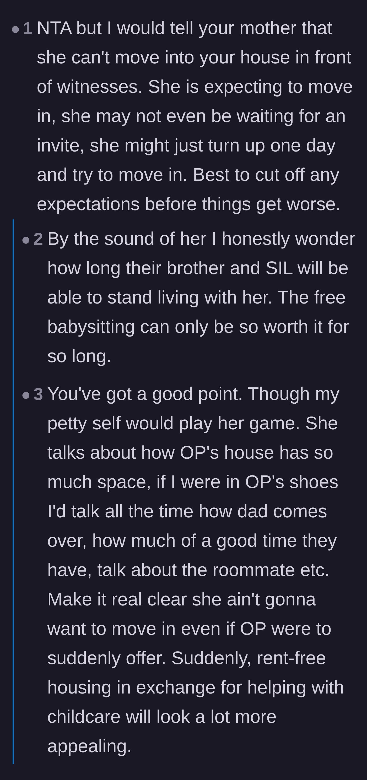 Comment thread 6 - Warnings to set firm boundaries publicly before the mother attempts to bypass an invitation and move in unannounced.