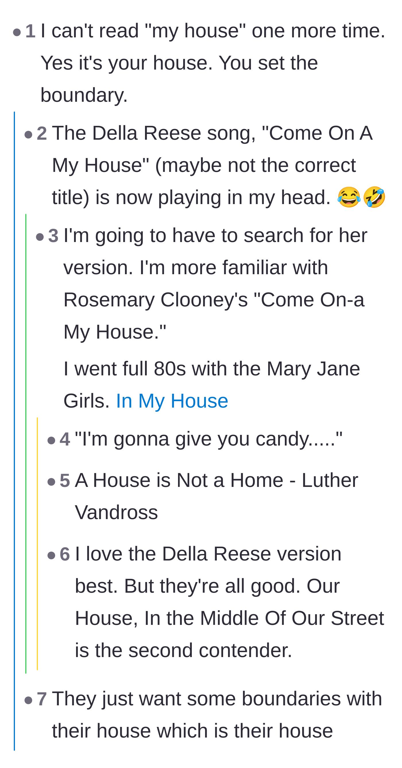 Comment thread 3 - Users playfully discussing various classic songs featuring the word 'house'.
