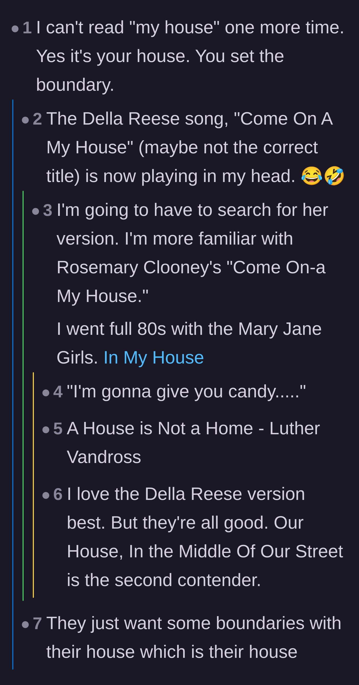 Comment thread 3 - Users playfully discussing various classic songs featuring the word 'house'.