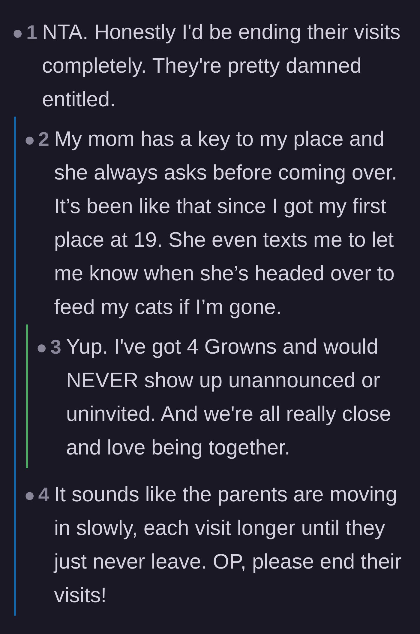 Comment thread 4 - A discussion sharing examples of healthy, respectful parent-child boundaries in adulthood.