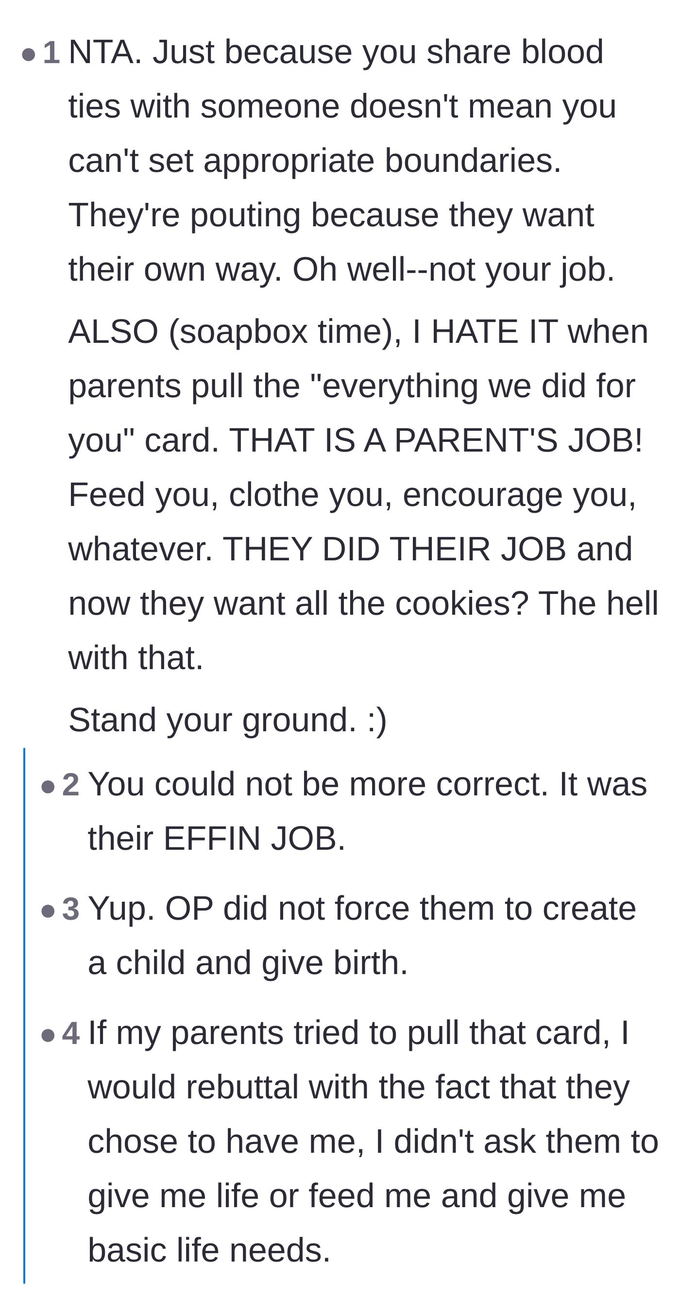 Comment thread 5 - A passionate rant against parents weaponizing basic childhood care as a lifelong debt.