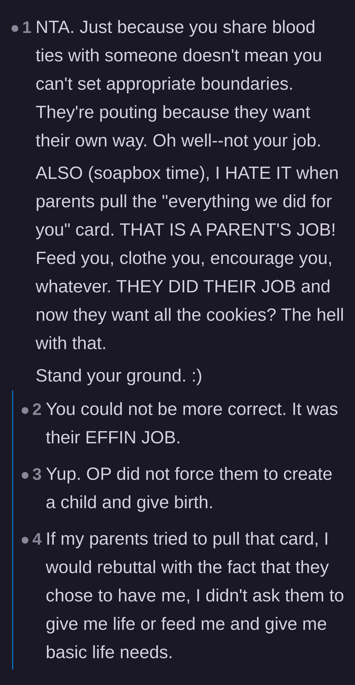 Comment thread 5 - A passionate rant against parents weaponizing basic childhood care as a lifelong debt.