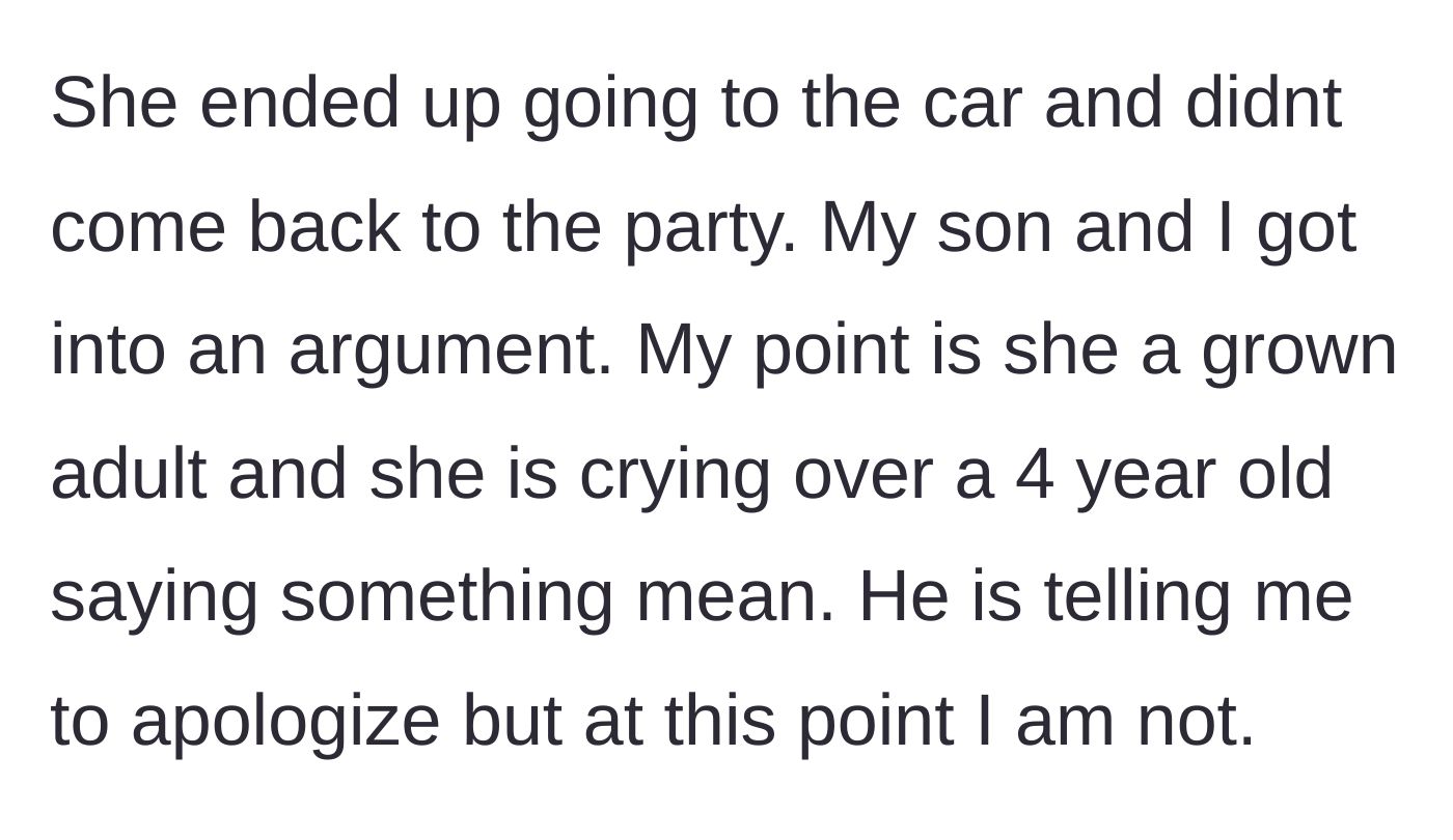 Story part 6 - The daughter-in-law flees to the getaway car, leading to a massive standoff where the son demands an apology.