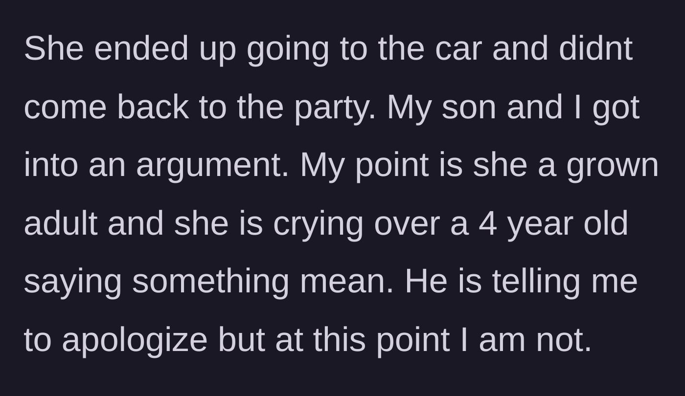Story part 6 - The daughter-in-law flees to the getaway car, leading to a massive standoff where the son demands an apology.