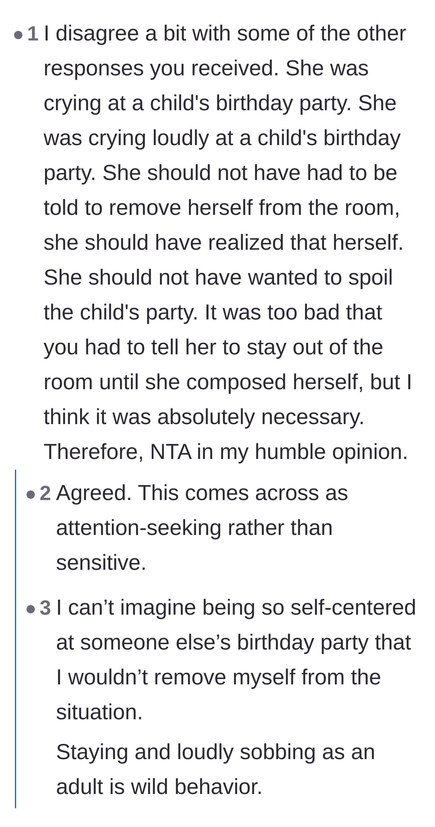 Comment thread 1 - Debating how a grown adult should have enough self-awareness to step outside instead of ruining a kid's party.