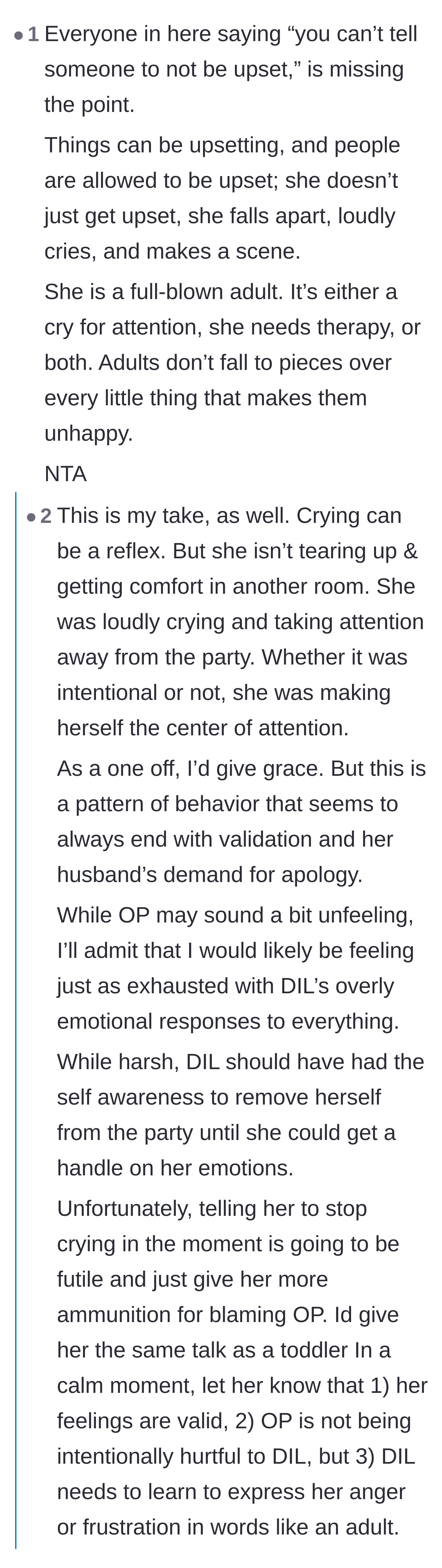Comment thread 2 - Distinguishing between having valid feelings and throwing a theatrical tantrum for an audience.