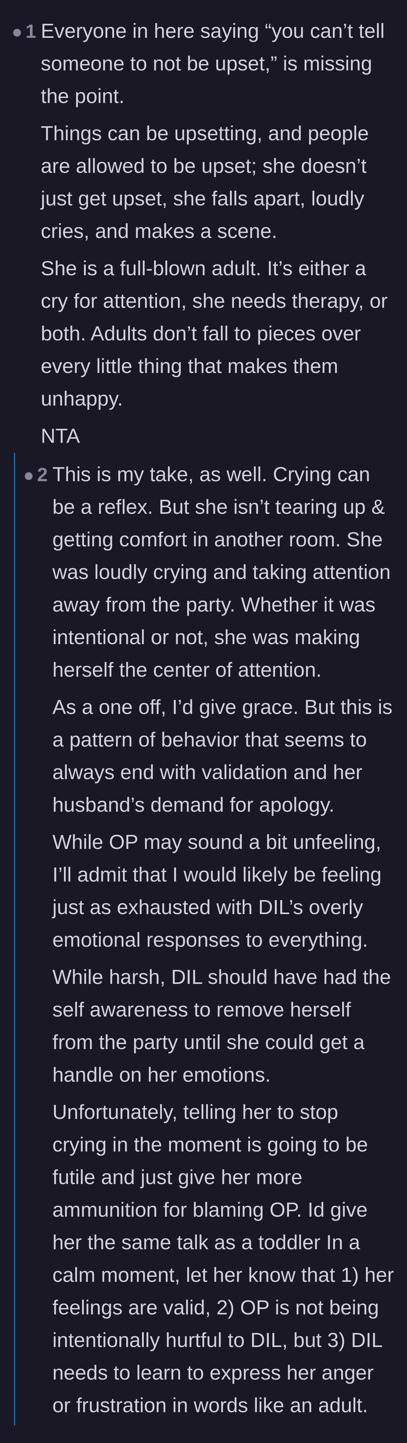 Comment thread 2 - Distinguishing between having valid feelings and throwing a theatrical tantrum for an audience.