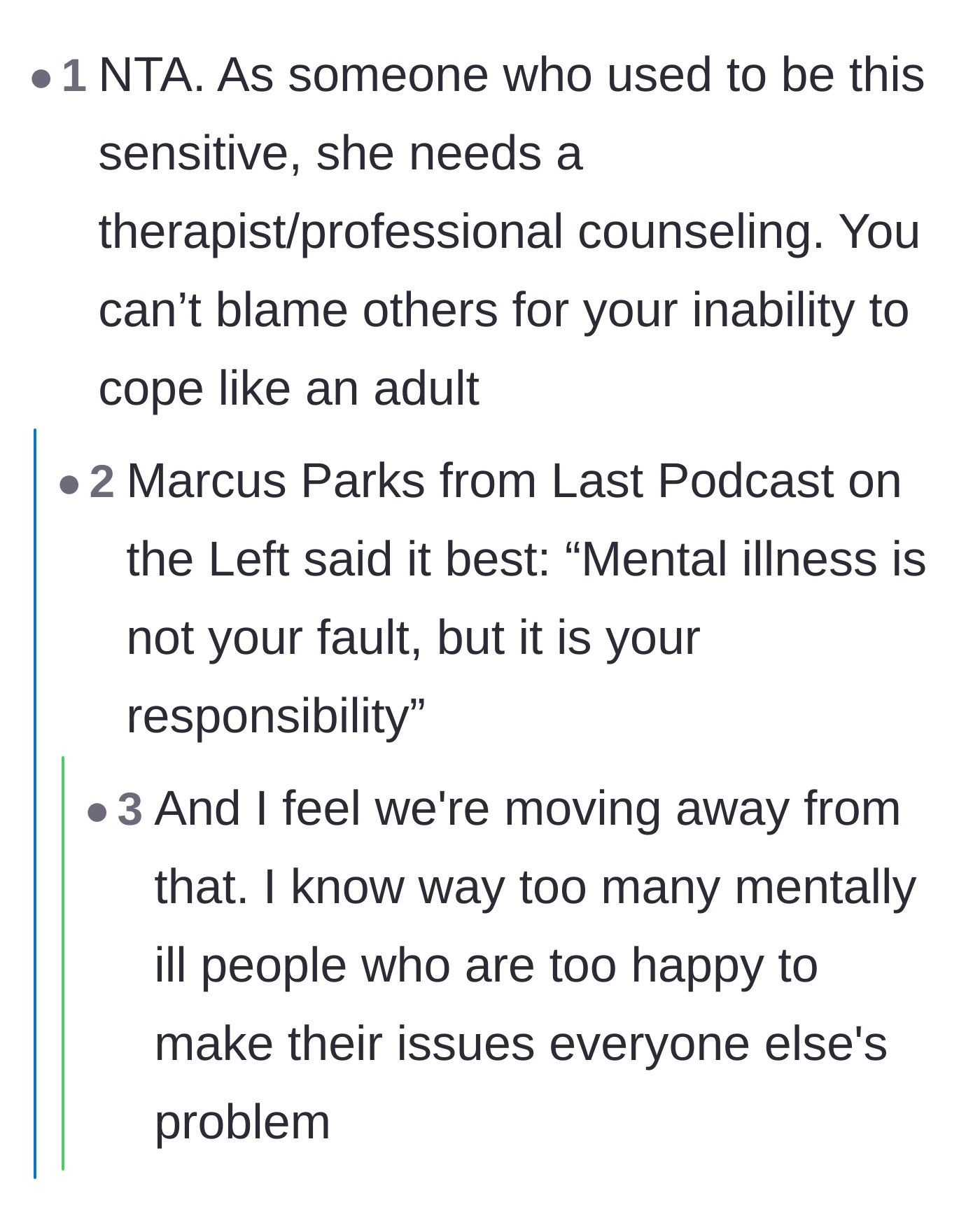 Comment thread 3 - Discussing how mental health struggles are an explanation, but not an excuse to hold a family hostage.