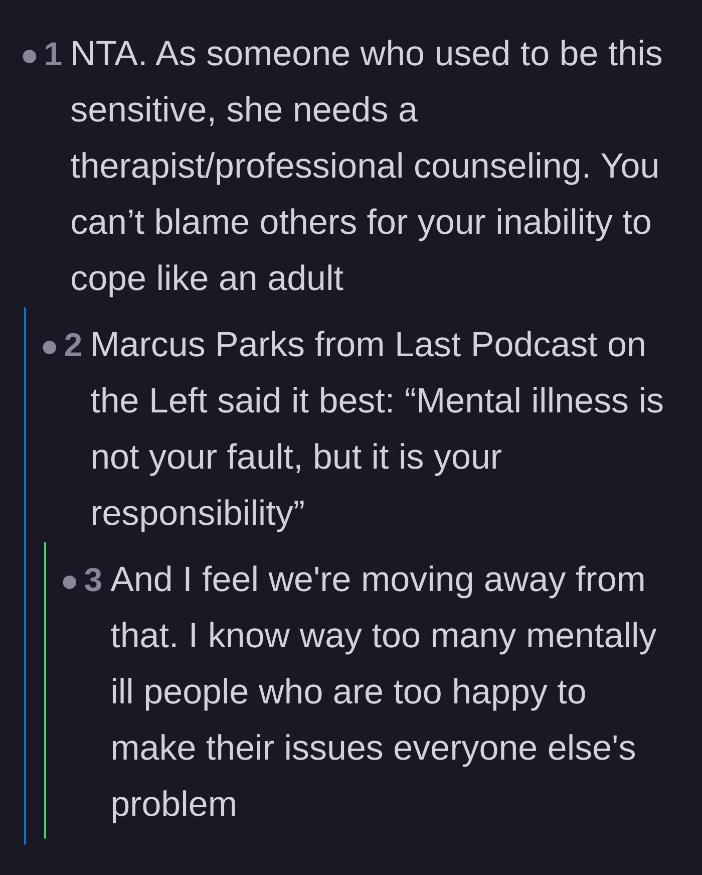 Comment thread 3 - Discussing how mental health struggles are an explanation, but not an excuse to hold a family hostage.