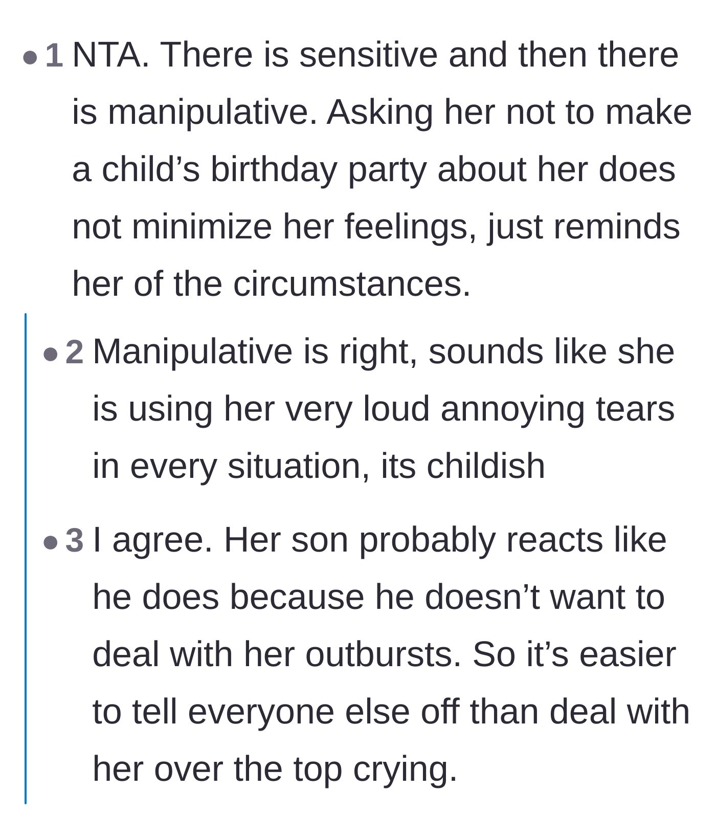 Comment thread 4 - Highlighting how the daughter-in-law's tears are a manipulative tactic and the son is just a tired enabler.