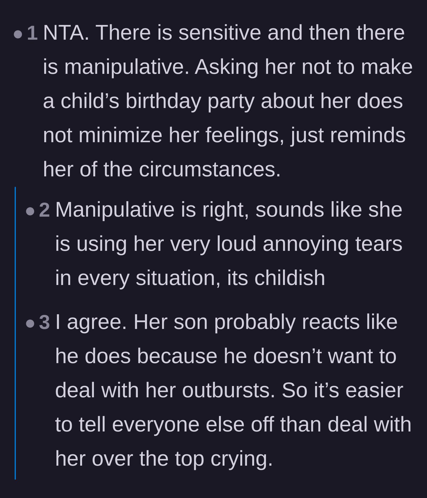 Comment thread 4 - Highlighting how the daughter-in-law's tears are a manipulative tactic and the son is just a tired enabler.