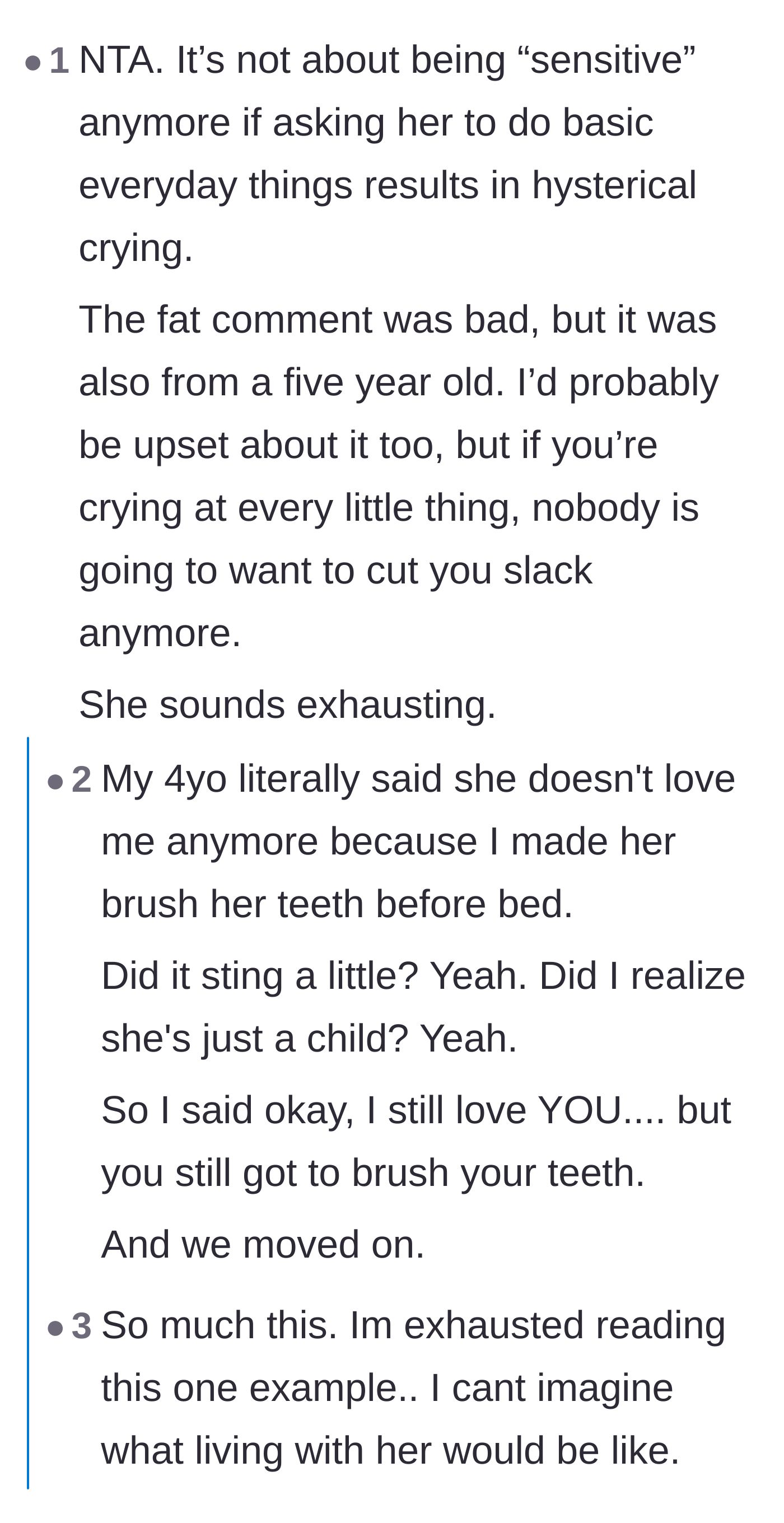 Comment thread 5 - Comparing the daughter-in-law's reaction to actual toddlers who routinely say unhinged things.