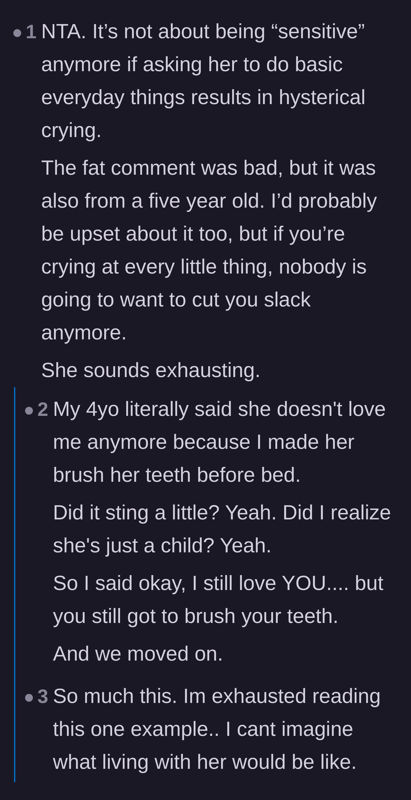 Comment thread 5 - Comparing the daughter-in-law's reaction to actual toddlers who routinely say unhinged things.