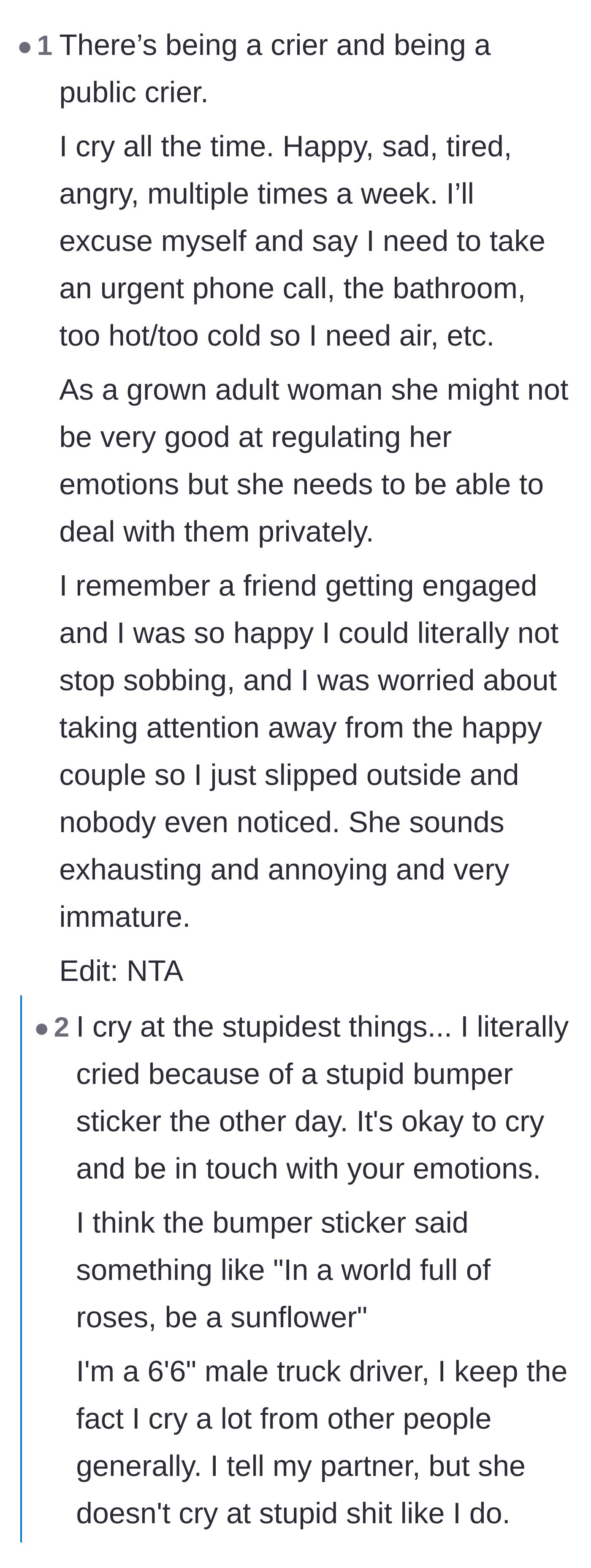 Comment thread 6 - Fellow self-proclaimed frequent criers explaining how to respectfully weep in private.