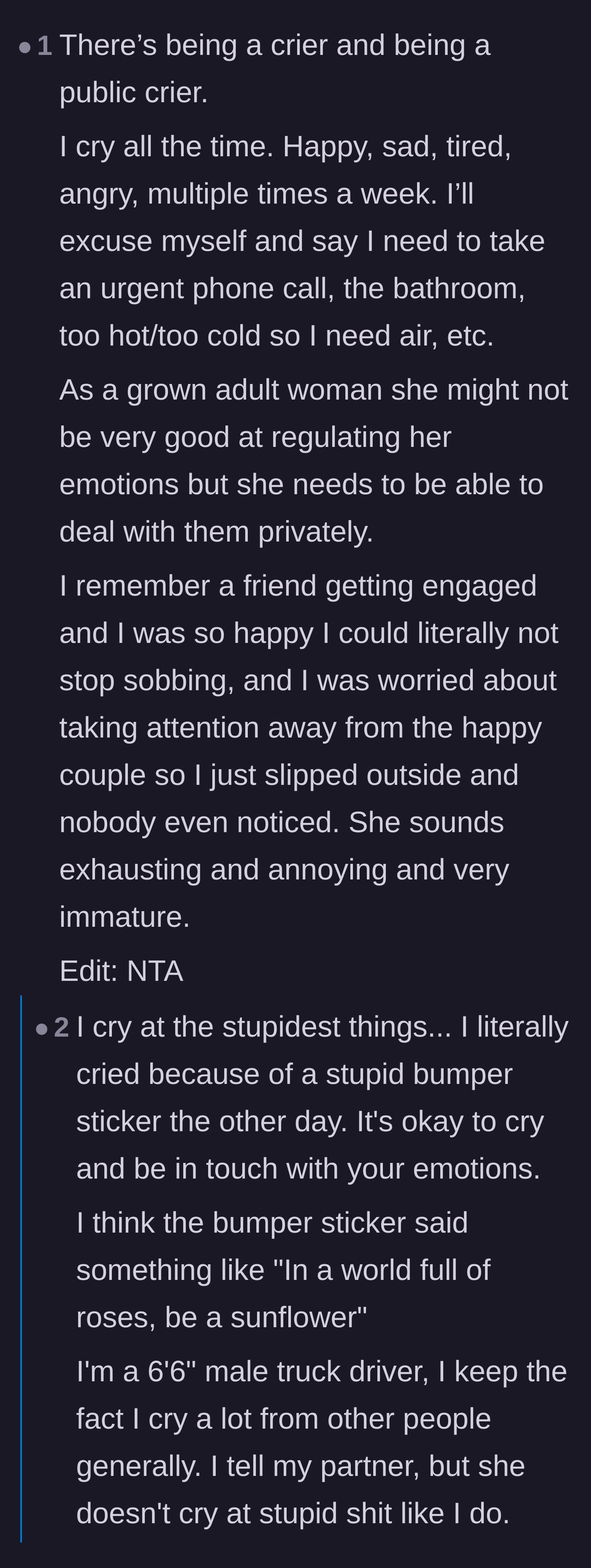 Comment thread 6 - Fellow self-proclaimed frequent criers explaining how to respectfully weep in private.