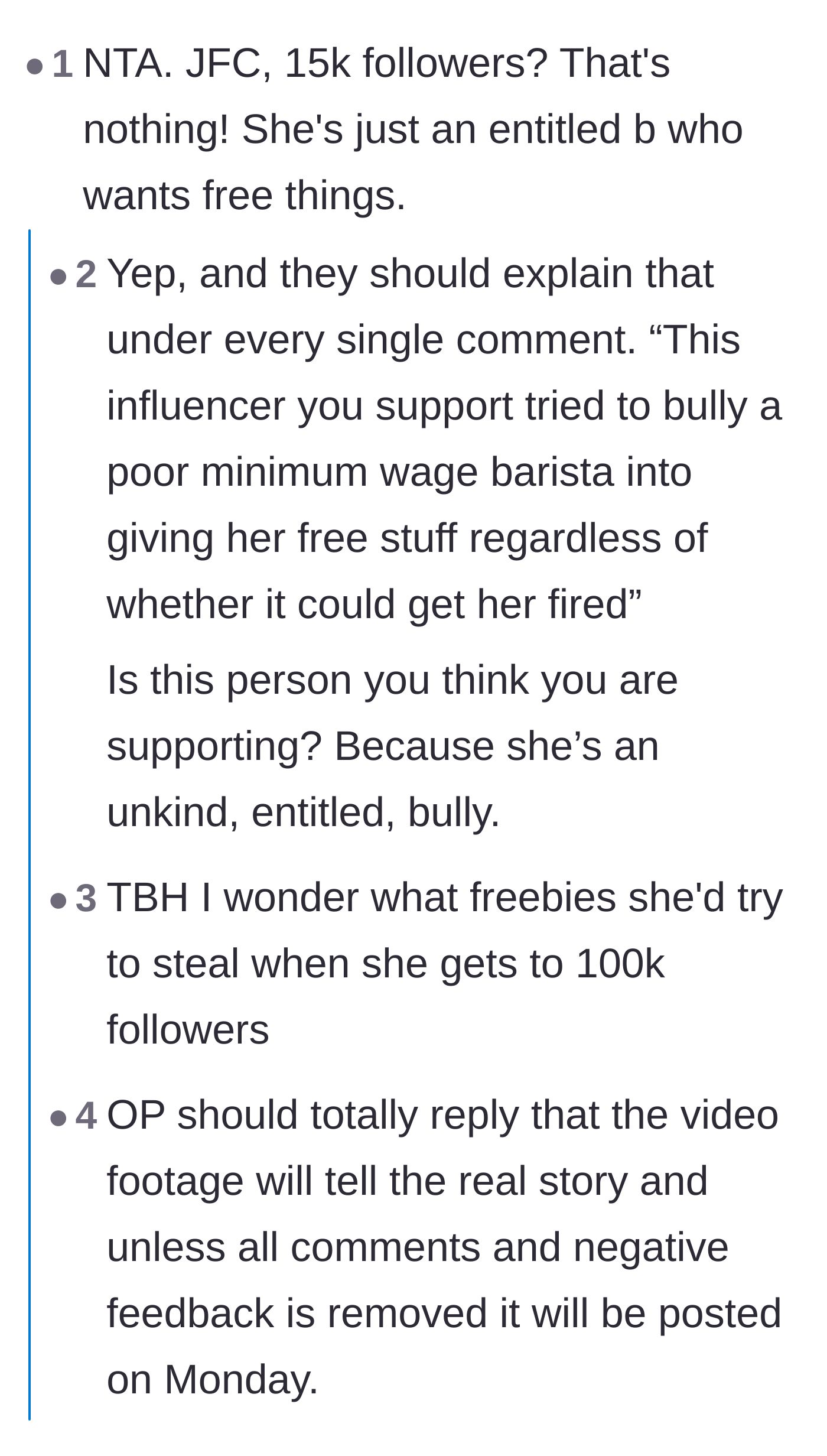 Comment thread discussing the influencer's low follower count and suggesting the shop publicly expose her bullying behavior.