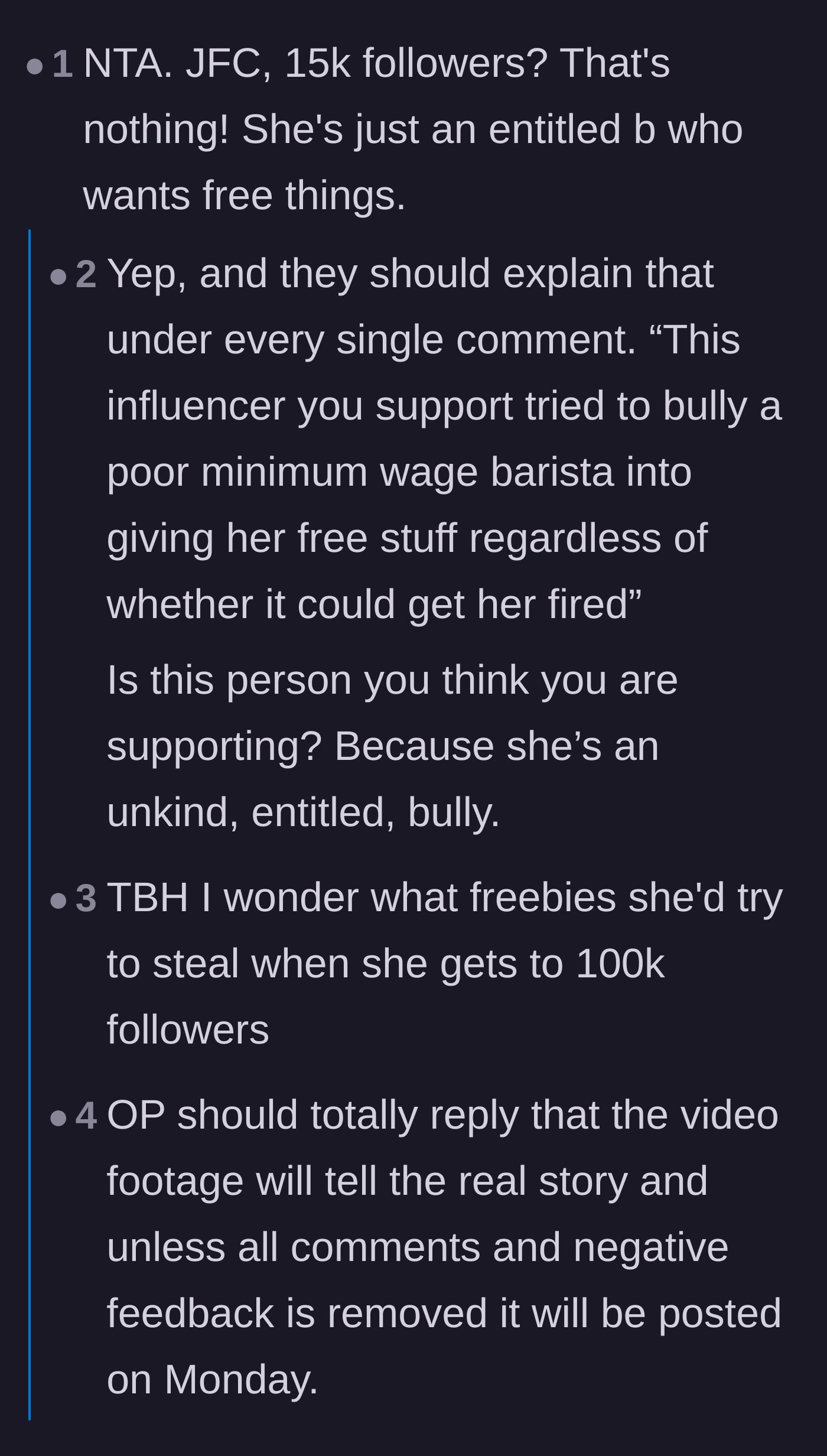 Comment thread discussing the influencer's low follower count and suggesting the shop publicly expose her bullying behavior.