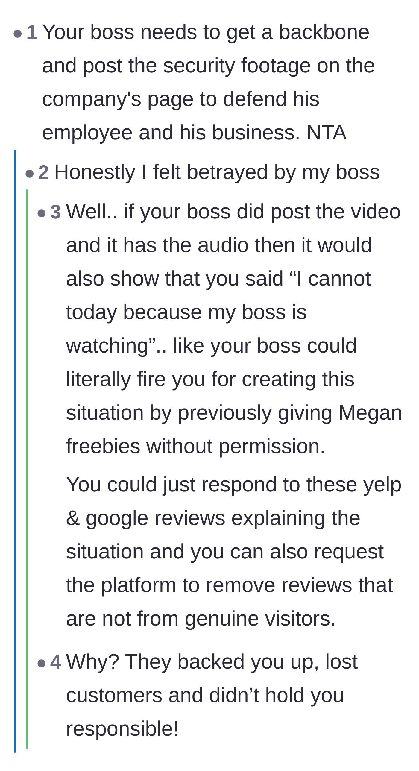 Comment thread debating the manager's lack of public support and the risks of posting the security footage online.