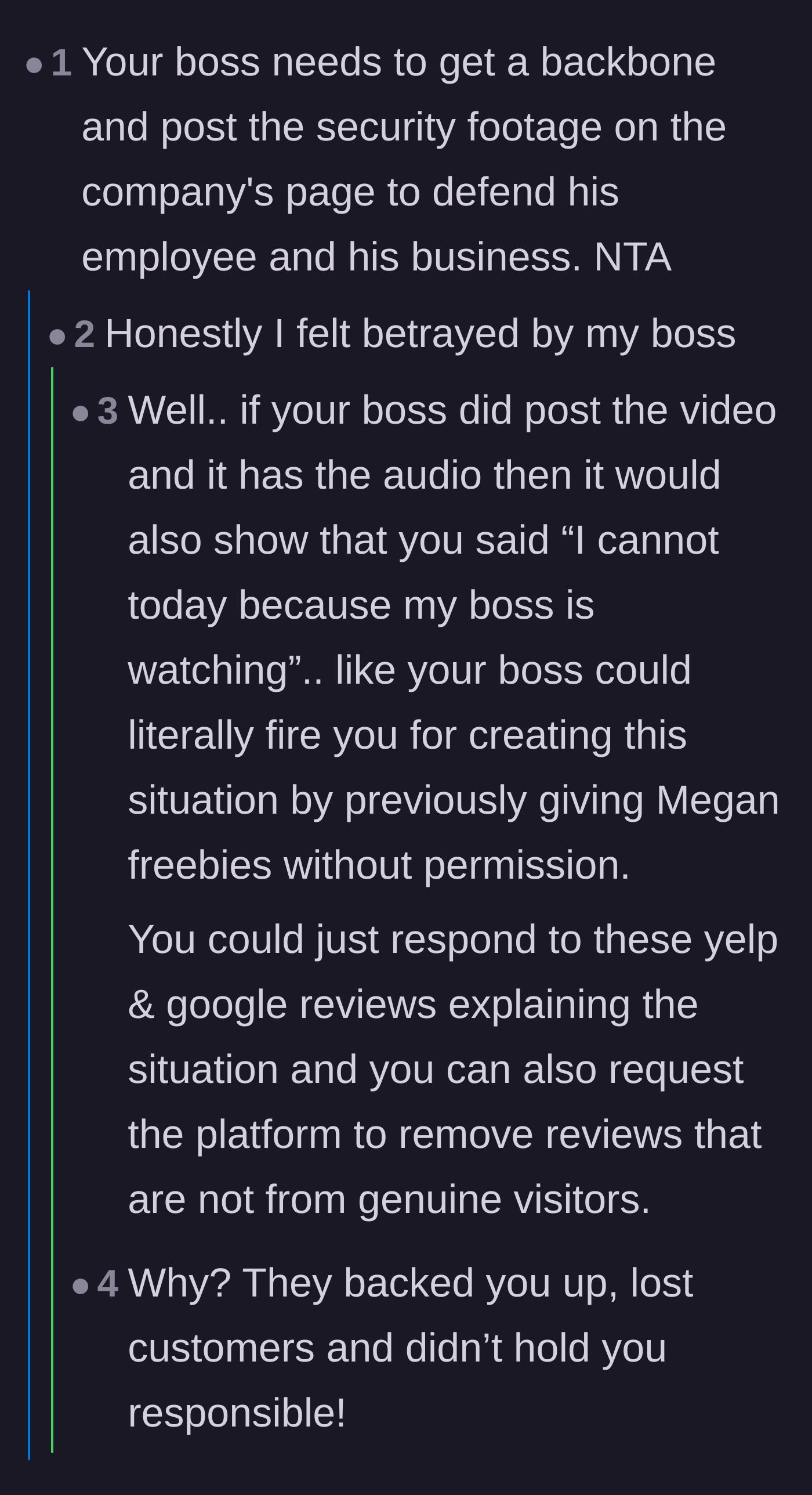 Comment thread debating the manager's lack of public support and the risks of posting the security footage online.