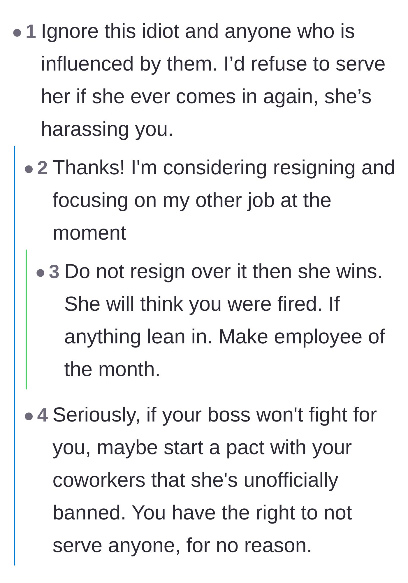 Comment thread advising the barista not to quit and suggesting the staff form a pact to refuse service to the influencer.