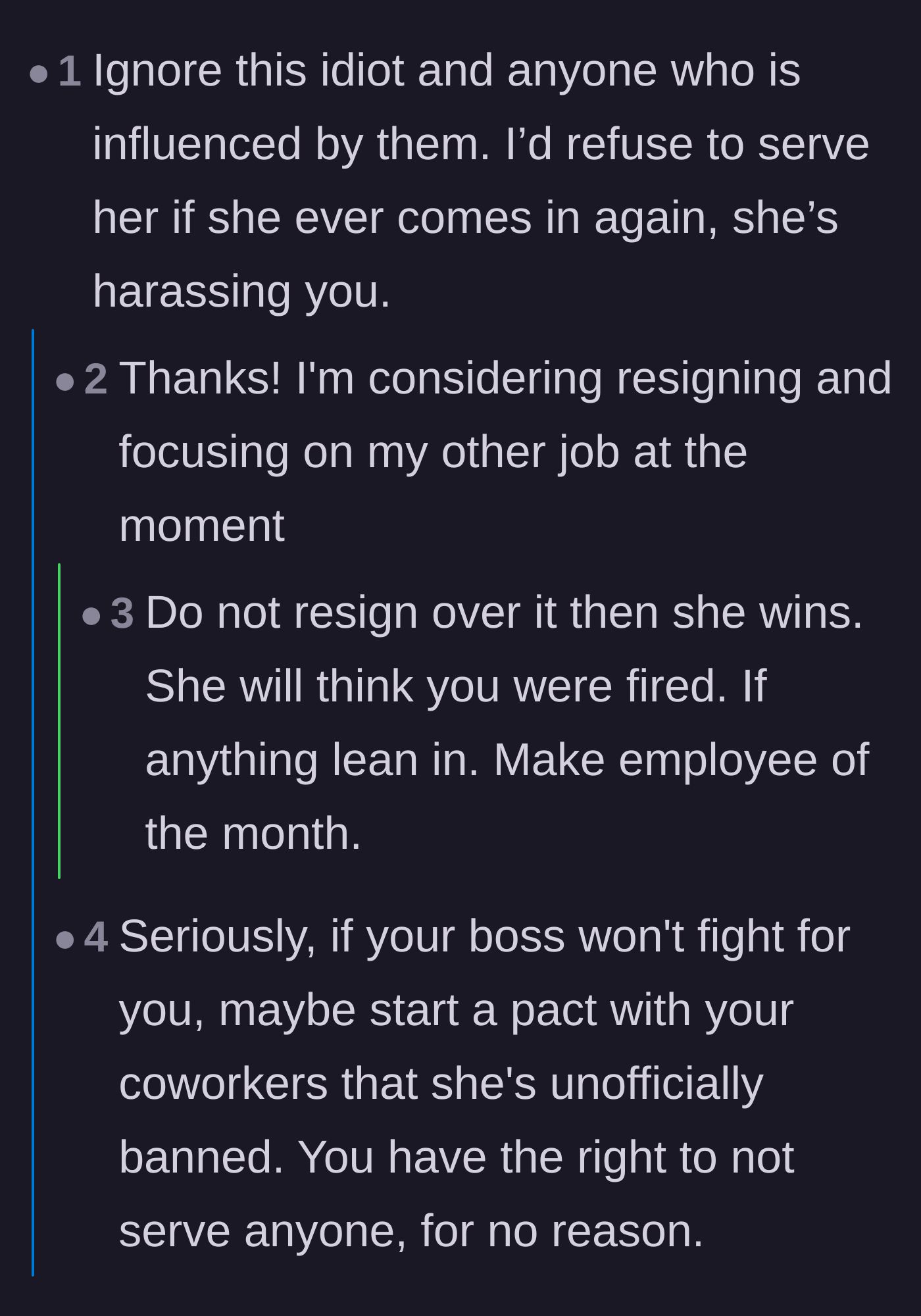 Comment thread advising the barista not to quit and suggesting the staff form a pact to refuse service to the influencer.