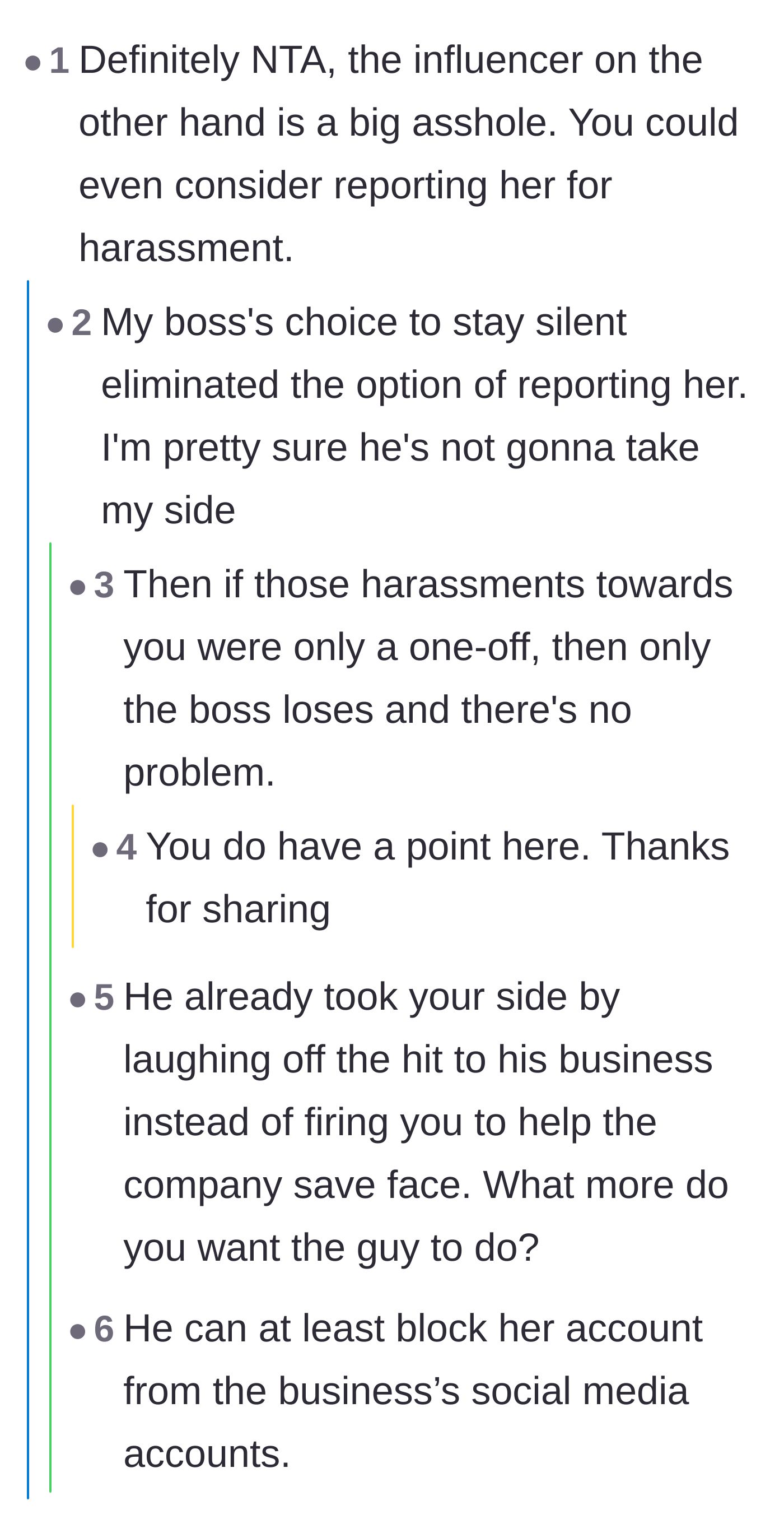 Comment thread arguing over whether the boss actually supported the barista and if the influencer should be blocked online.