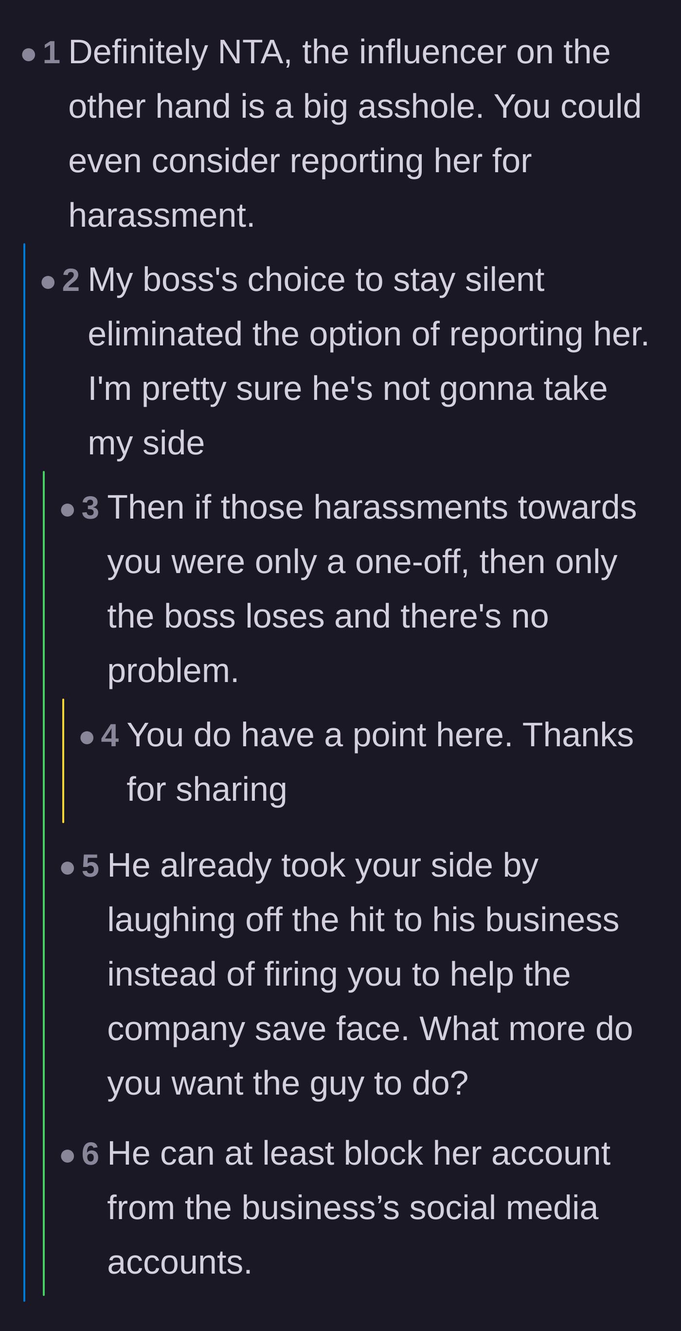 Comment thread arguing over whether the boss actually supported the barista and if the influencer should be blocked online.