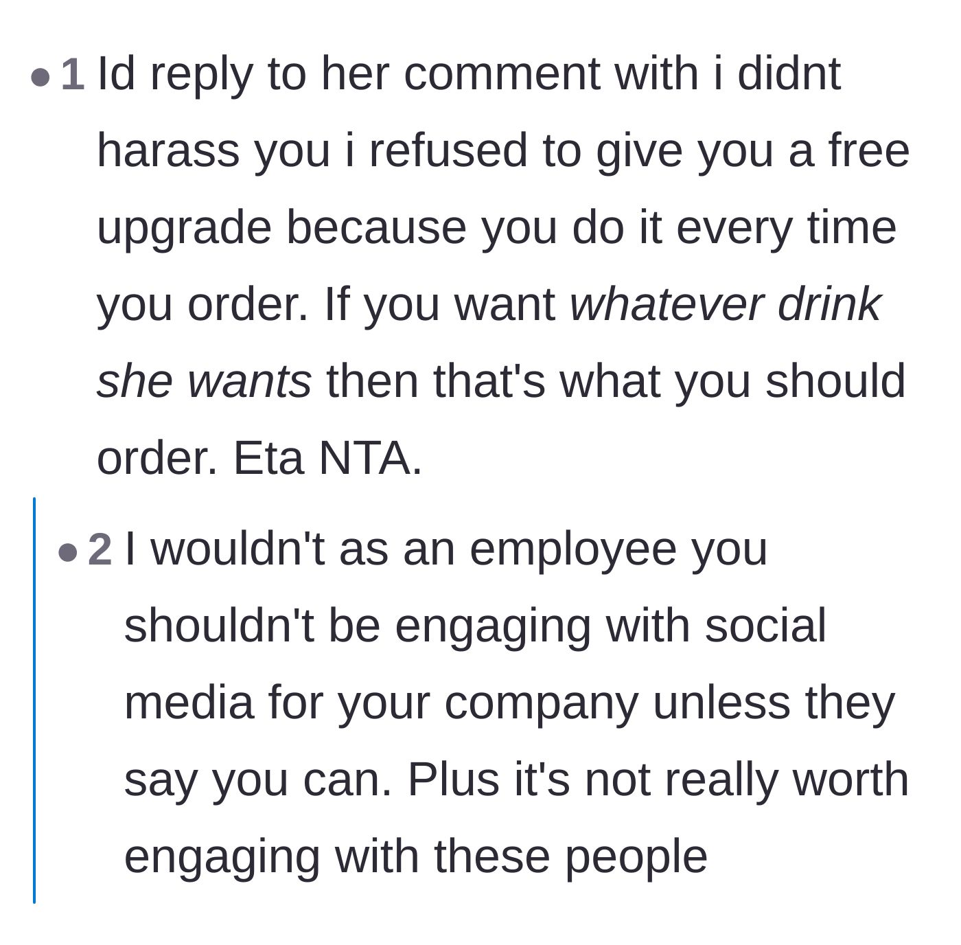 Comment thread discussing whether the barista should officially reply to the influencer's social media comments.