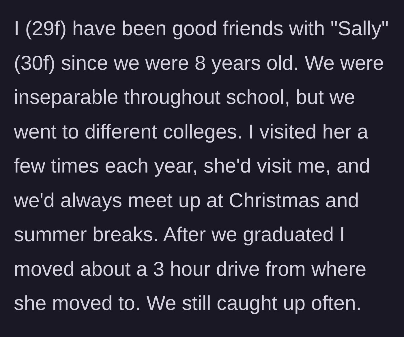 Story part 1 - Explaining the origins of their twenty-year childhood friendship and how they stayed close despite moving away.