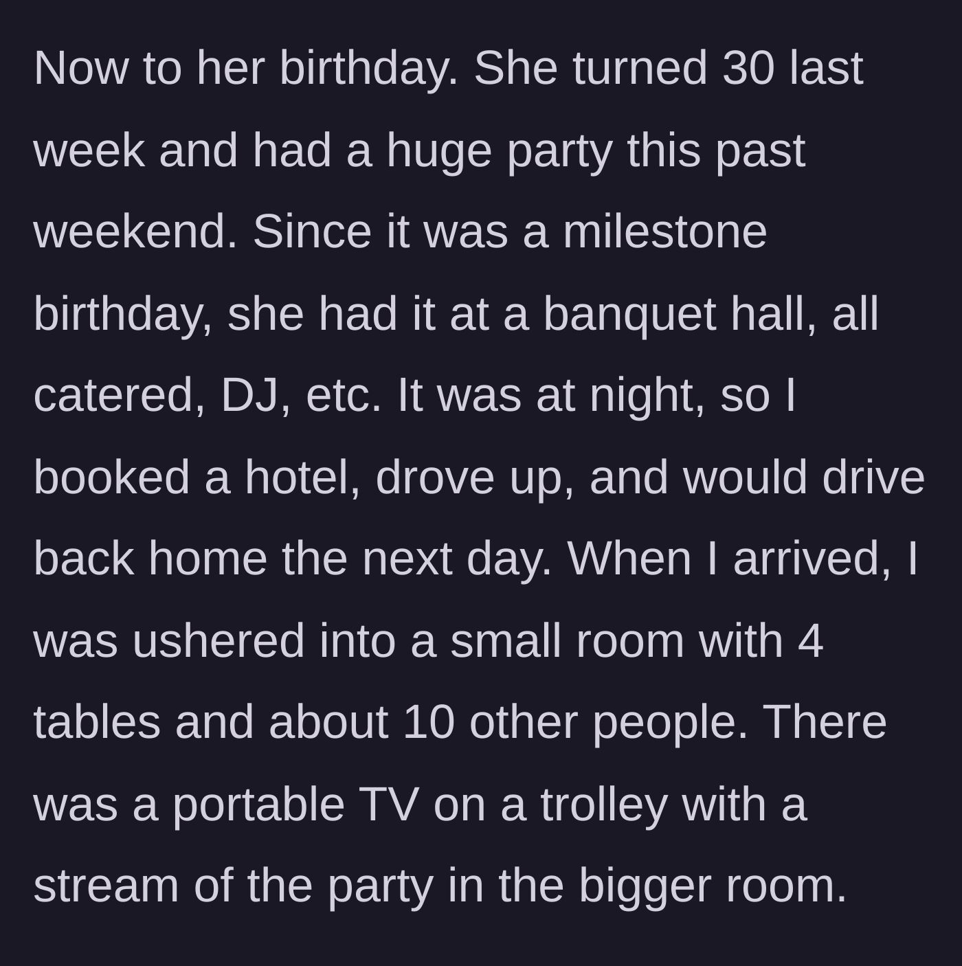 Story part 3 - Driving three hours and booking a hotel, only to be seated in a small overflow room with a TV streaming the real party.