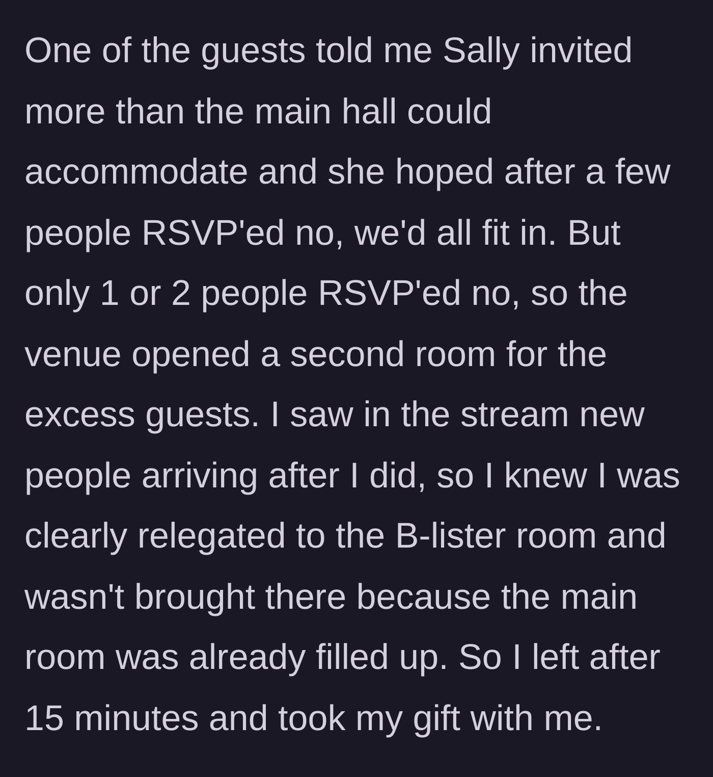 Story part 4 - Discovering that the venue was overbooked and watching newer guests get into the main room, prompting her to leave.