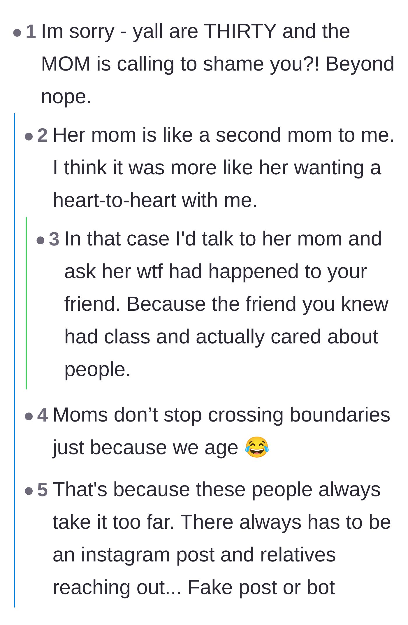 Comment thread 1 - Discussing the inappropriate boundary-crossing of a thirty-year-old's mother calling to scold the author.