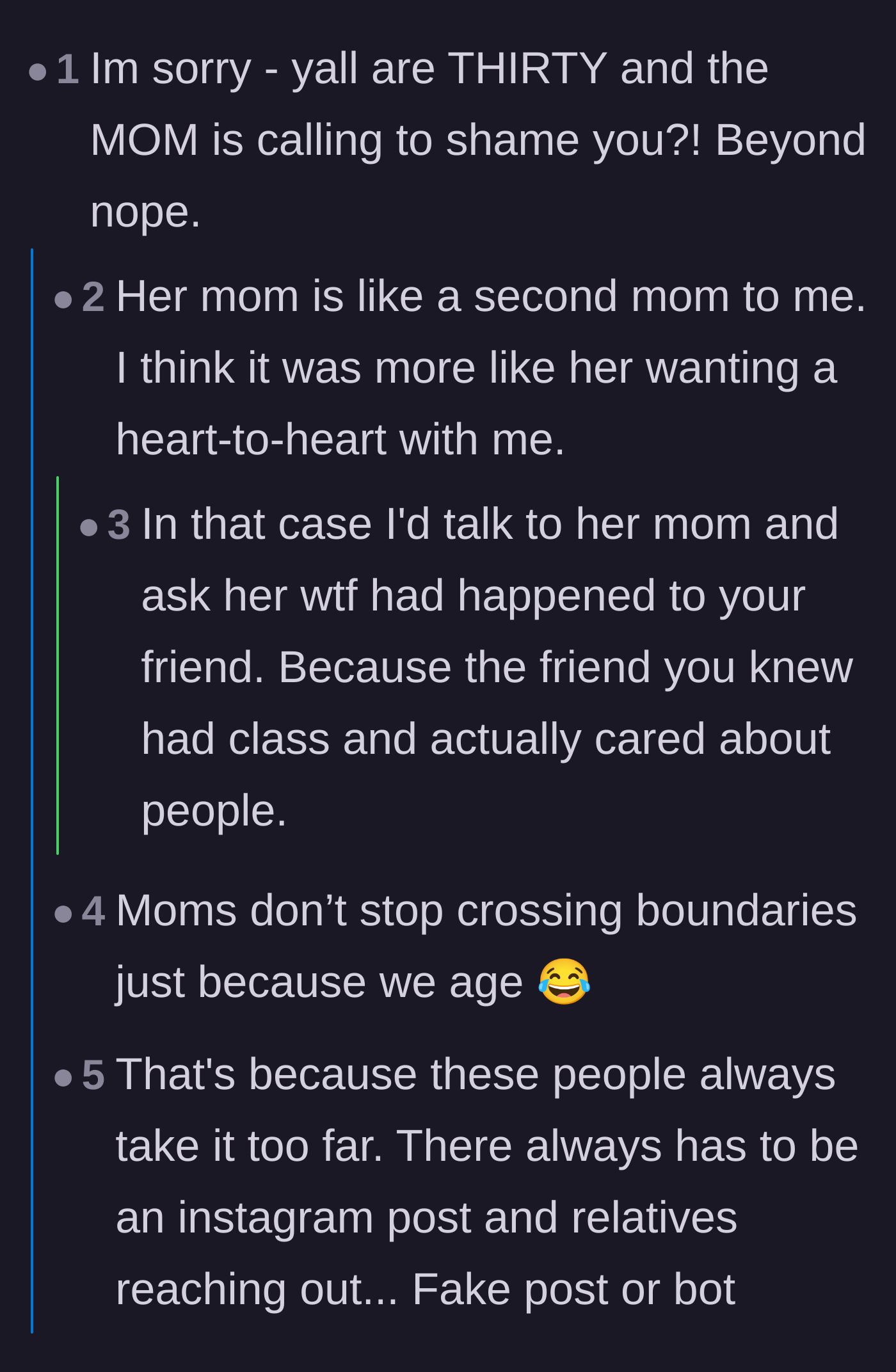 Comment thread 1 - Discussing the inappropriate boundary-crossing of a thirty-year-old's mother calling to scold the author.