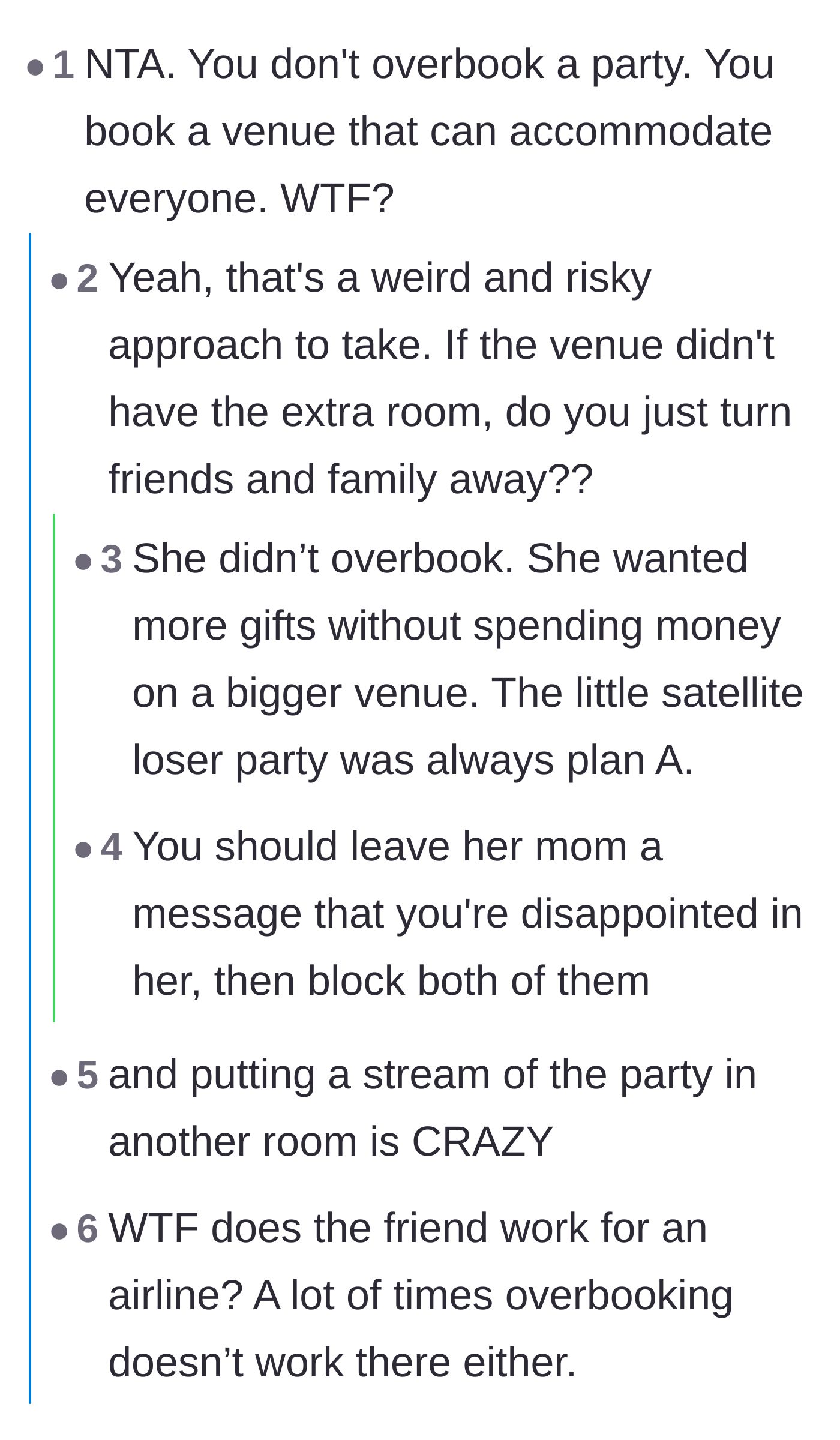 Comment thread 2 - Debating whether the birthday girl intentionally overbooked the party as a calculated gift grab.