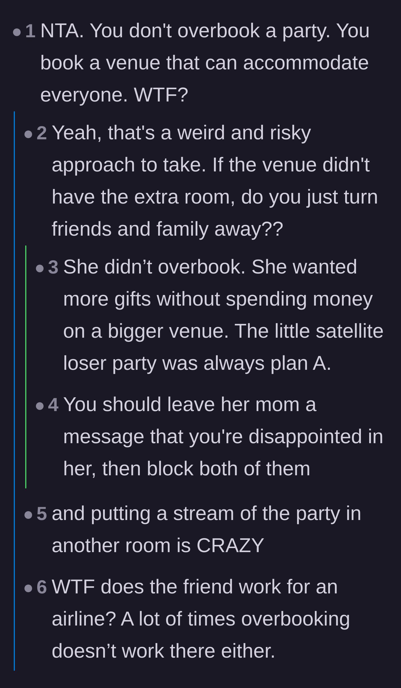 Comment thread 2 - Debating whether the birthday girl intentionally overbooked the party as a calculated gift grab.