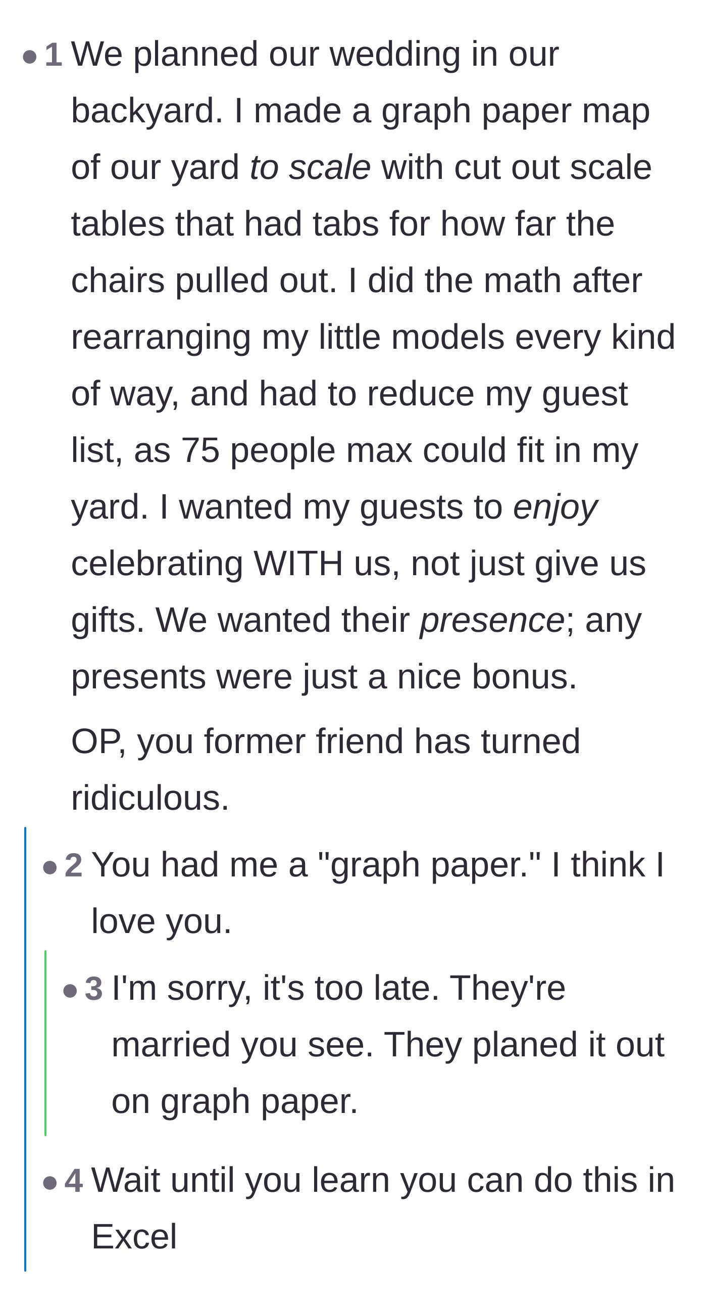 Comment thread 3 - A user sharing how they meticulously used graph paper to ensure all their wedding guests fit in their venue.