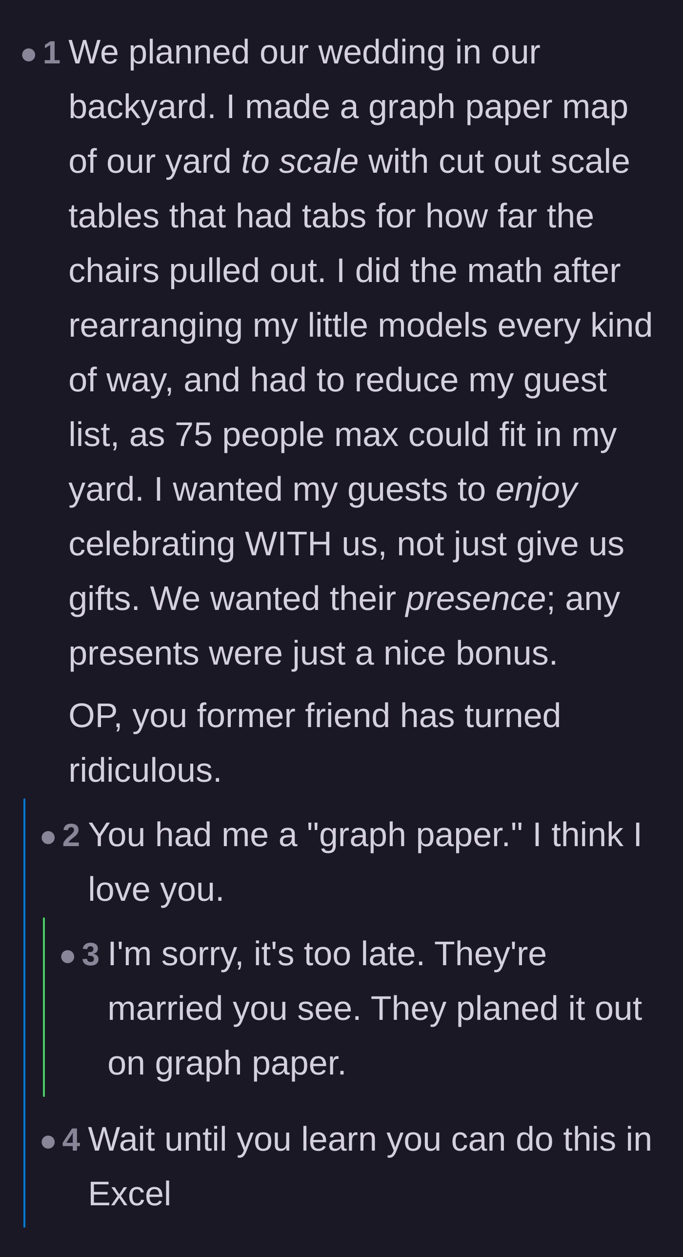 Comment thread 3 - A user sharing how they meticulously used graph paper to ensure all their wedding guests fit in their venue.