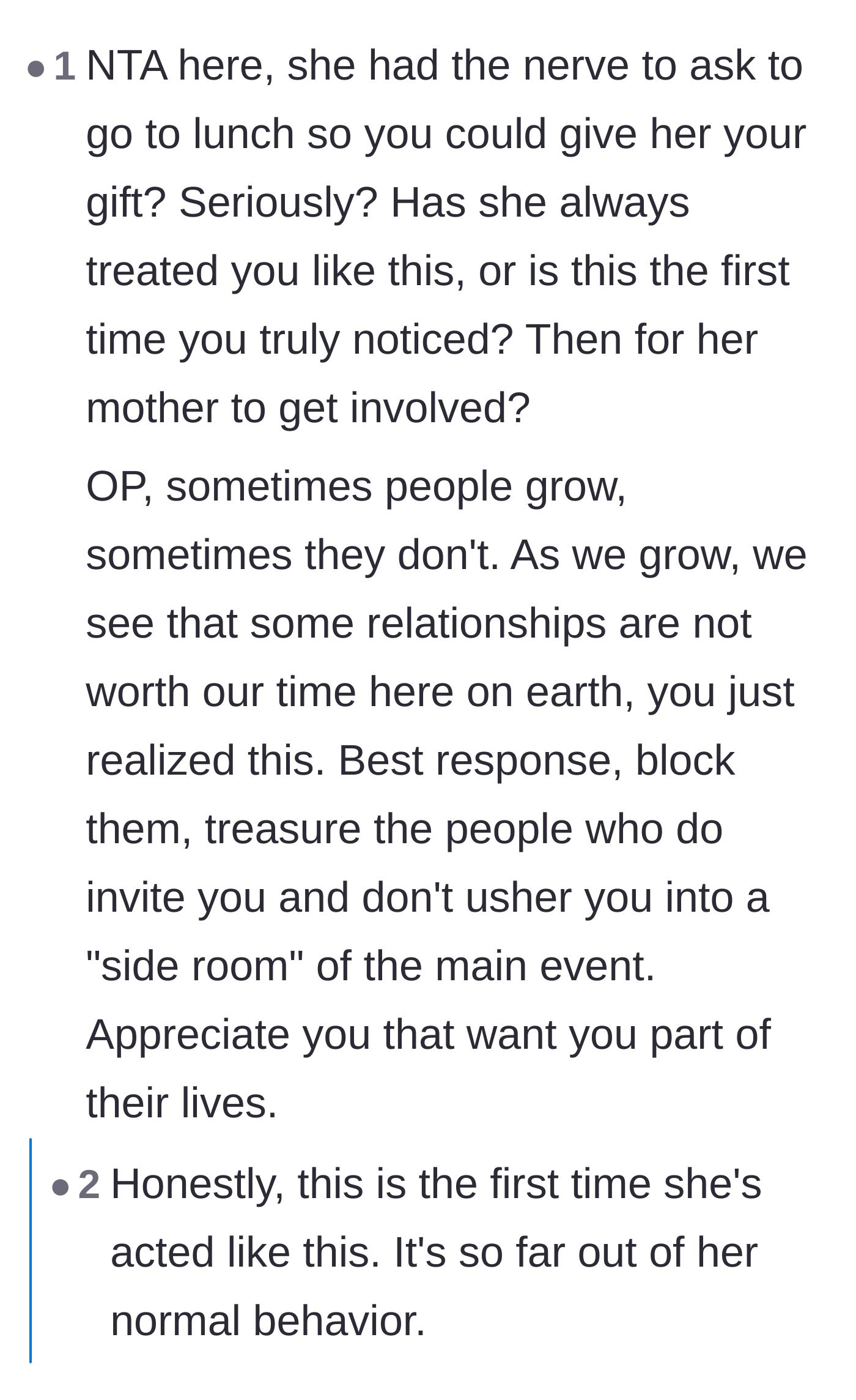 Comment thread 4 - Highlighting the audacity of asking for the gift over lunch and advising the author to cut her losses.