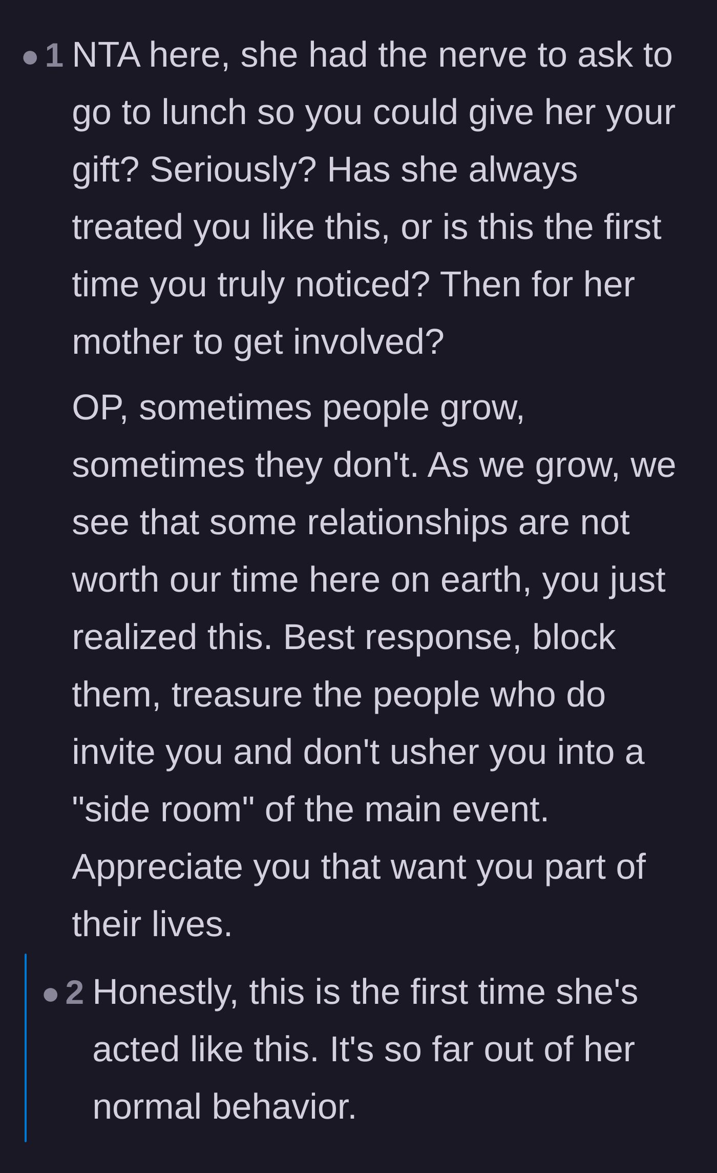 Comment thread 4 - Highlighting the audacity of asking for the gift over lunch and advising the author to cut her losses.
