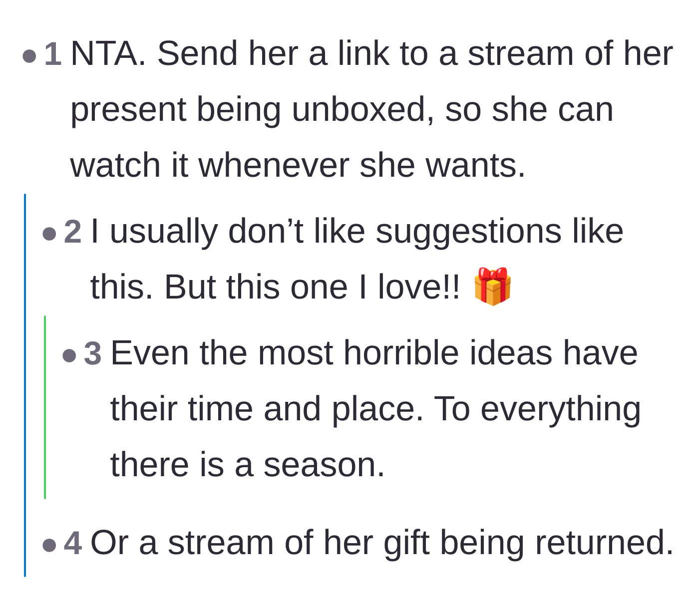 Comment thread 5 - Suggesting the author send the birthday girl a live stream of her unboxing or returning the gift.