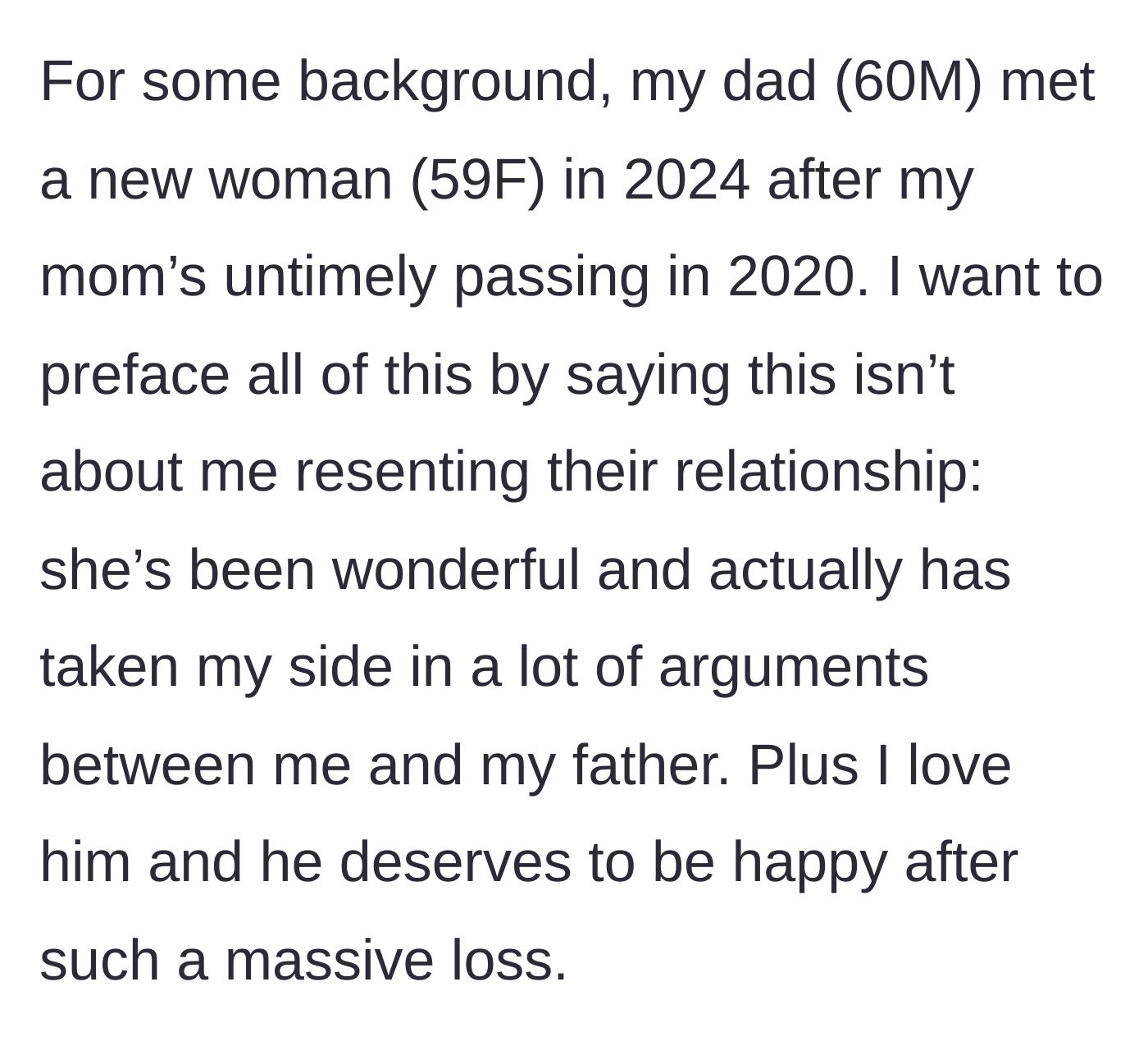 Story part 1 - Background on the main character's dad and his wonderful new fiancee.