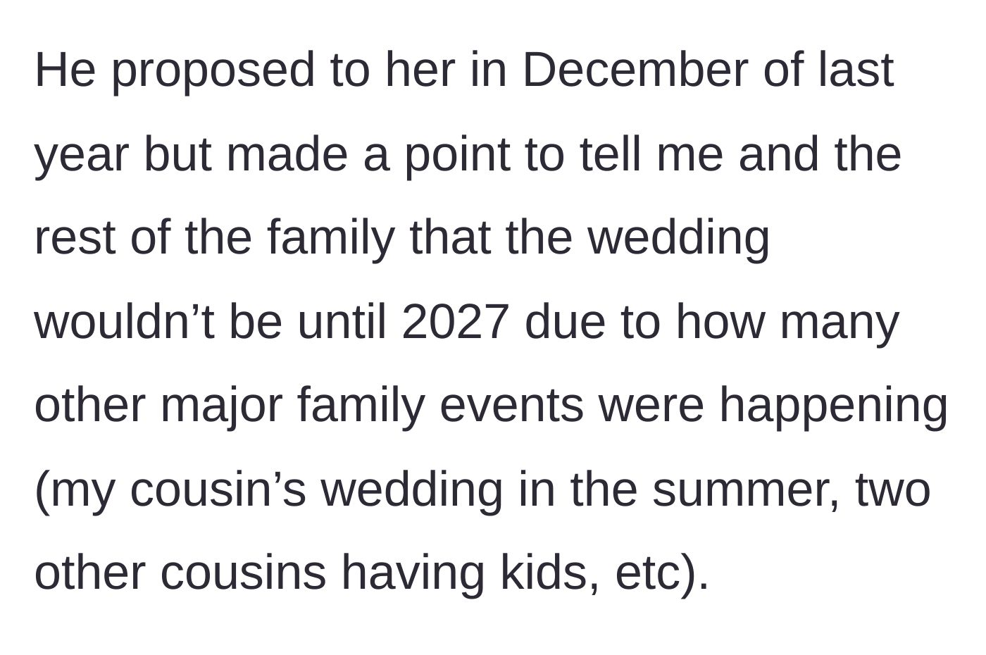 Story part 2 - Dad formally announces a 2027 wedding date due to family events.