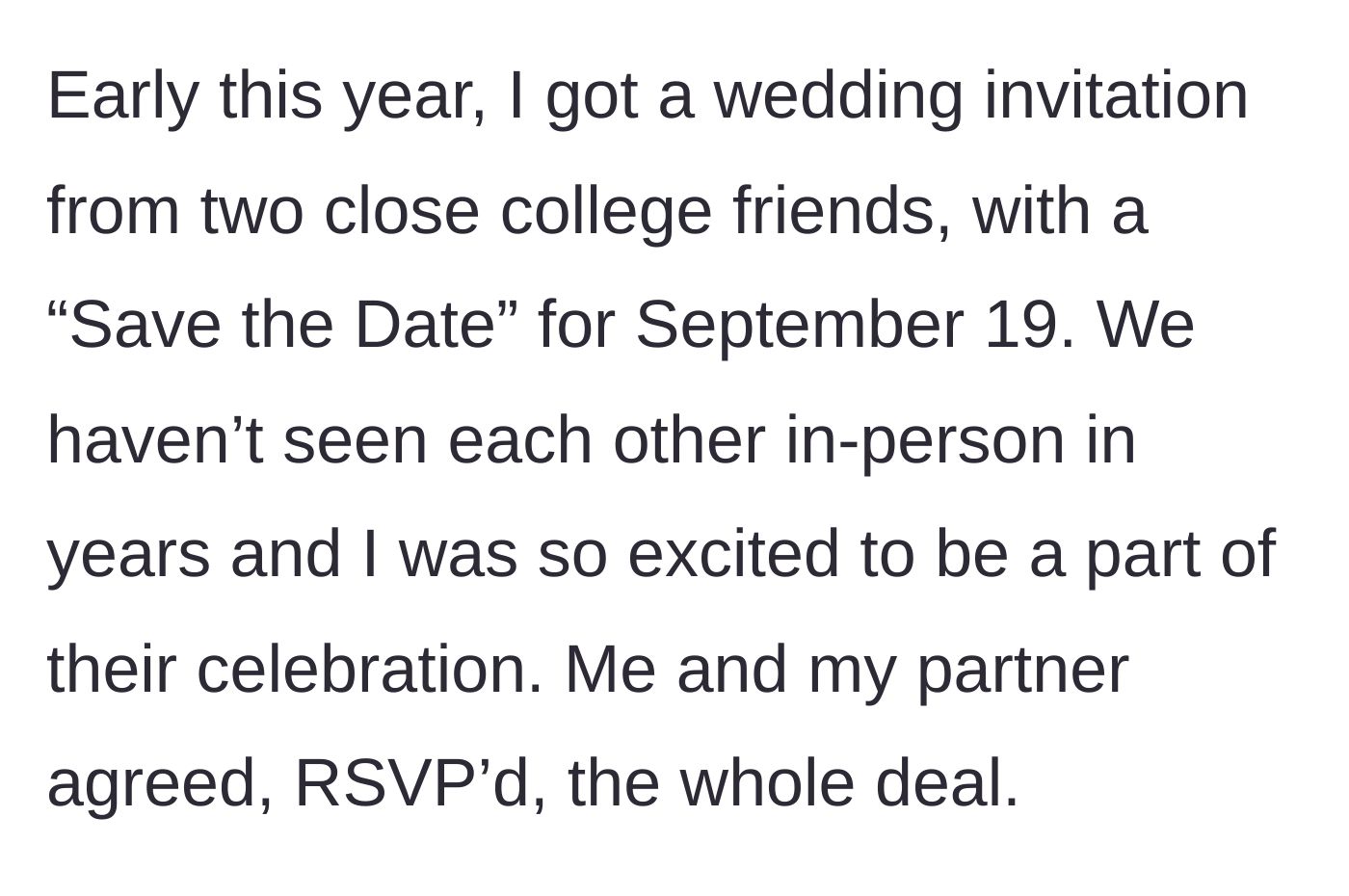 Story part 3 - Main character RSVPs to her college friends' September 19th wedding.