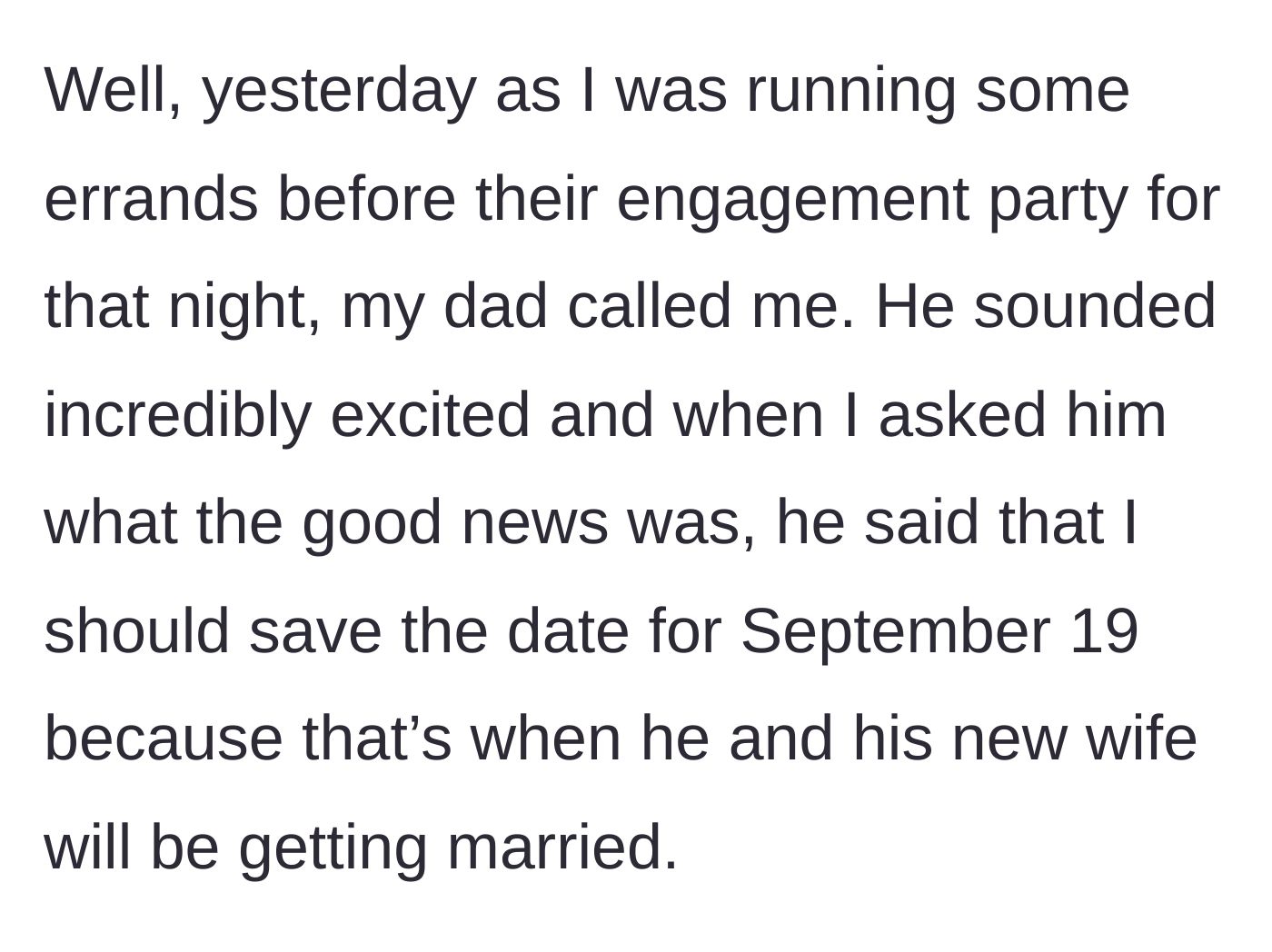 Story part 4 - Dad surprises the main character with his own September 19th wedding date.
