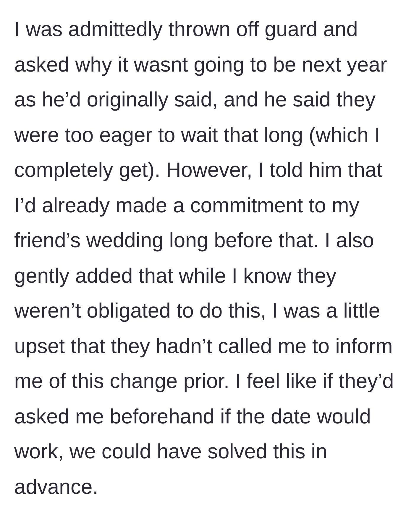 Story part 5 - Main character confronts her dad about the date clash and her prior commitment.